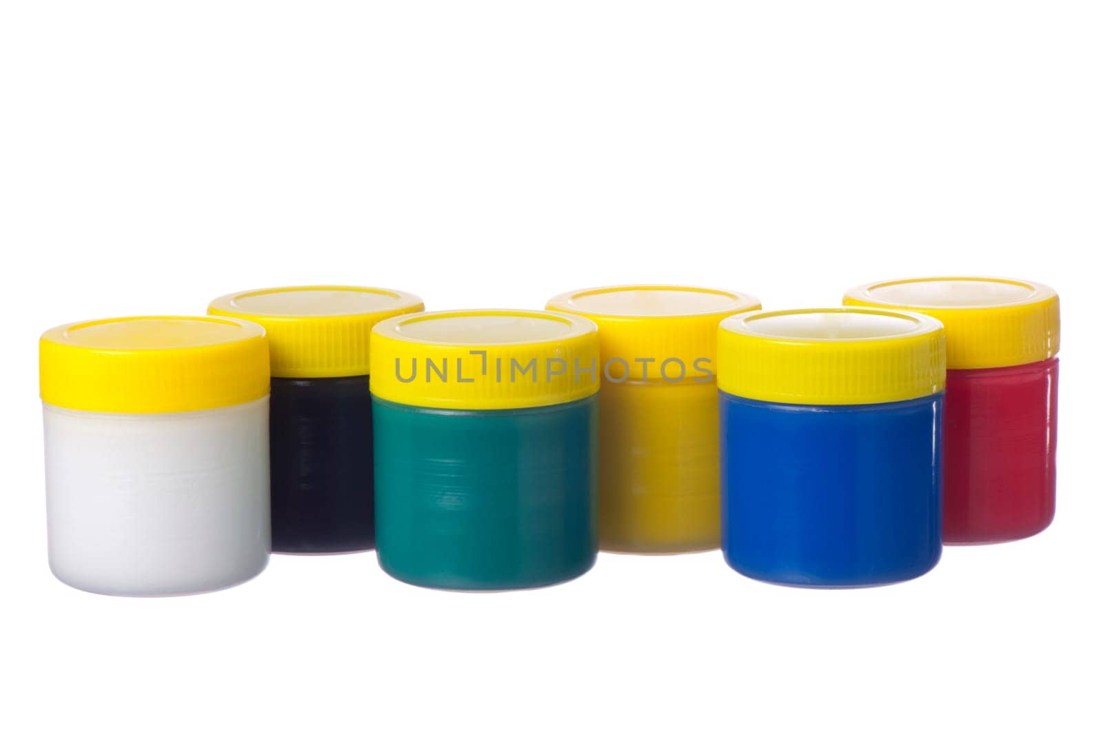 cans of water colors in the six primary colors on white background