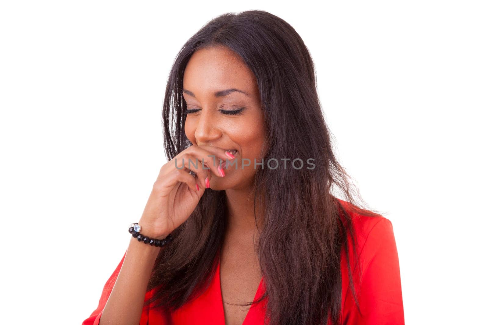 Portrait of a beautiful young black woman laughing, isolated on white background