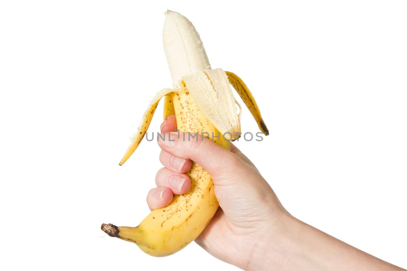hand  holding peeled banana, isolated on white background