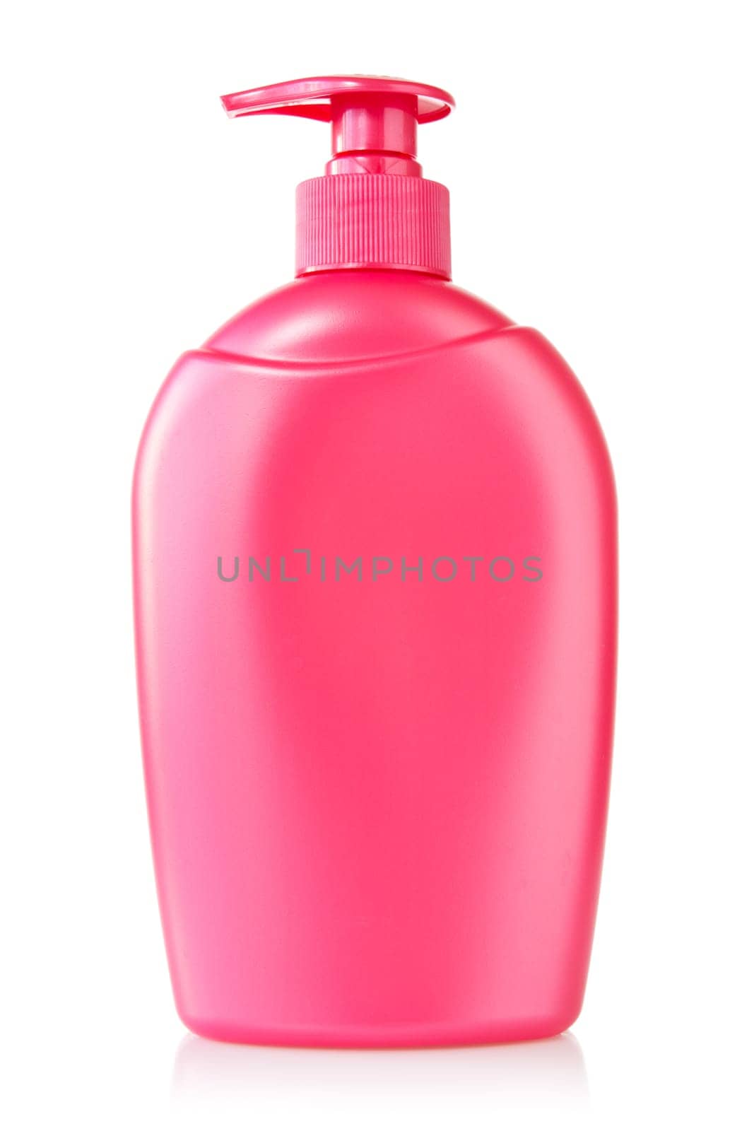 Red plastic bottle with liquid soap on a white background