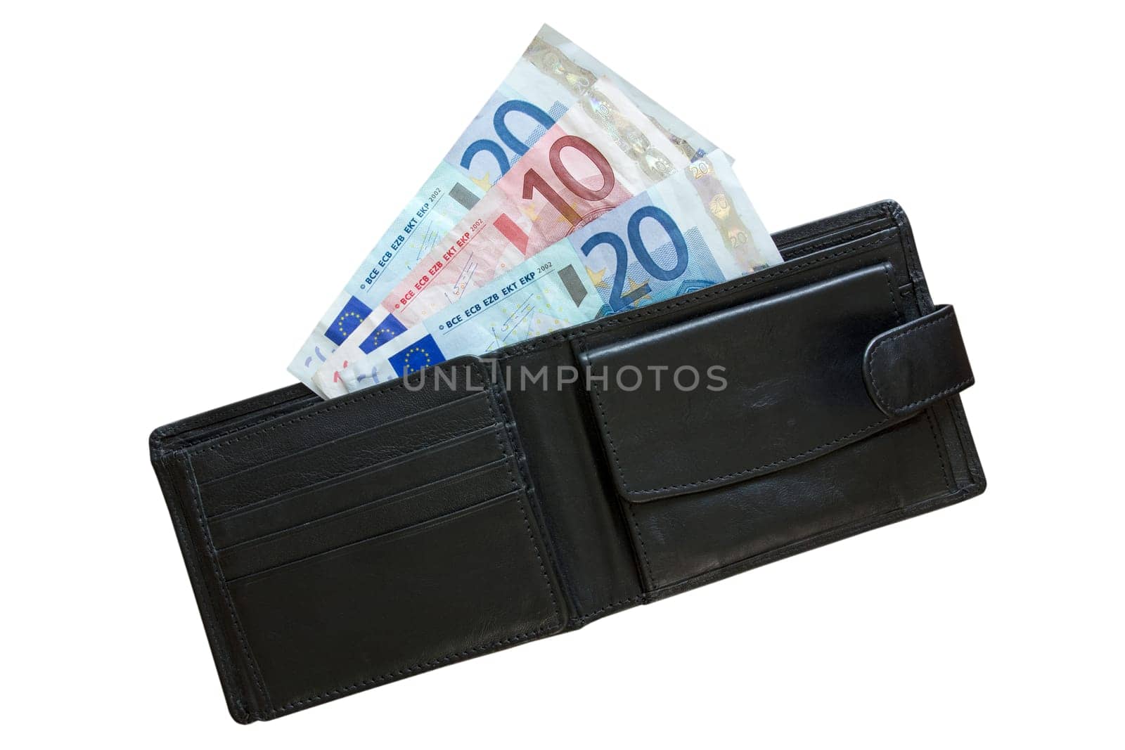 euros in leather wallet isolated on white background
