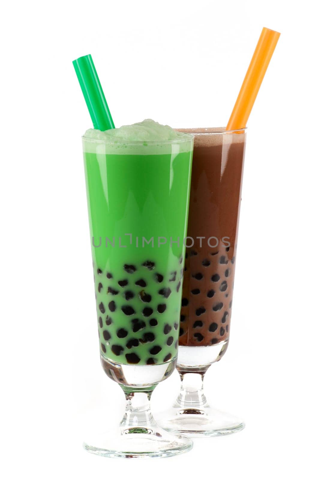 bubble tea,asian drink with tapioca pearls against white background