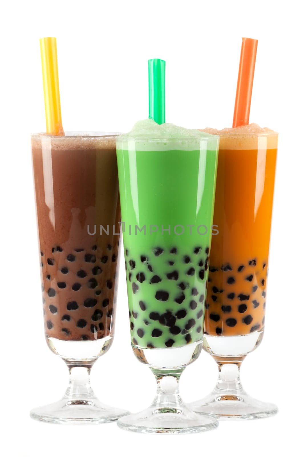 bubble tea,asian drink with tapioca pearls against white background