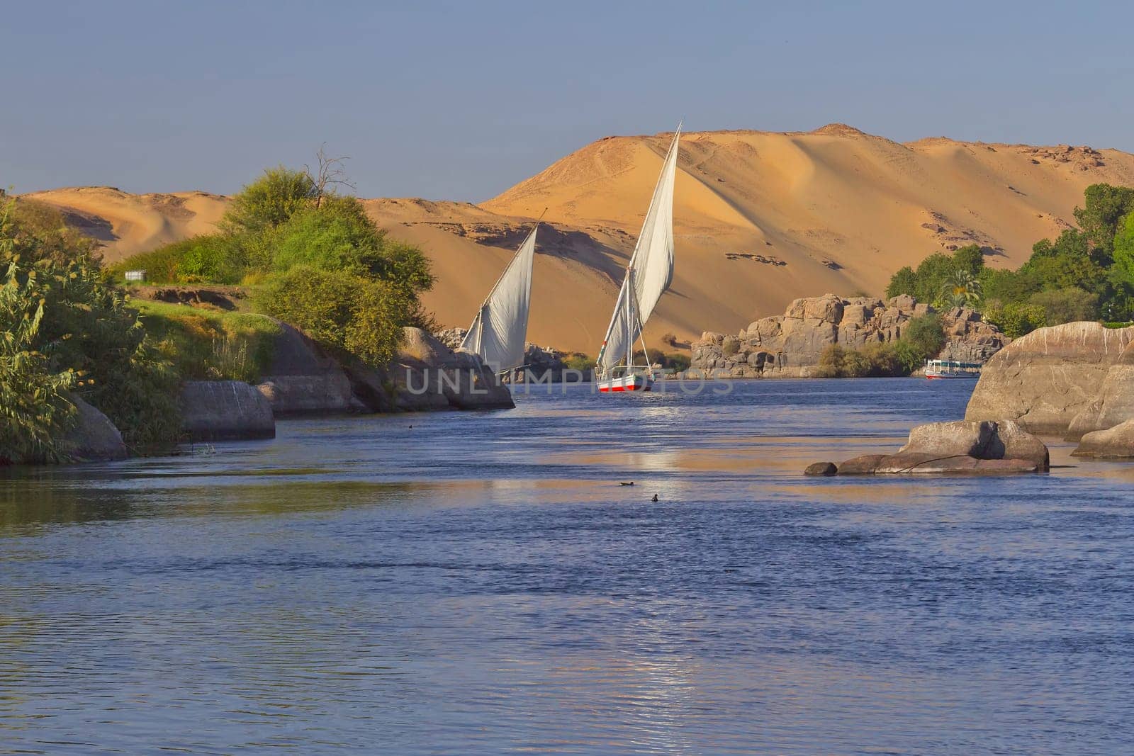 Typical sailing on the Nile. In the background sand hills and blue sky. (near Aswan, Egypt). Vertically.