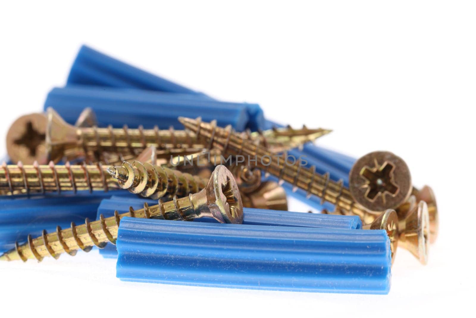 details of blue dowels and golden screws