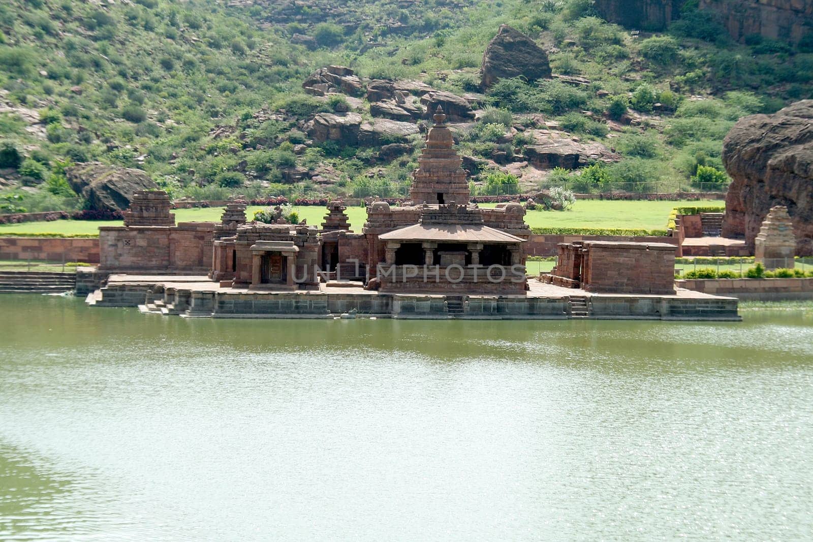 Group of Bhuthanatha Temples on eastern end of lake at Badami, Karnataka, India, Asia