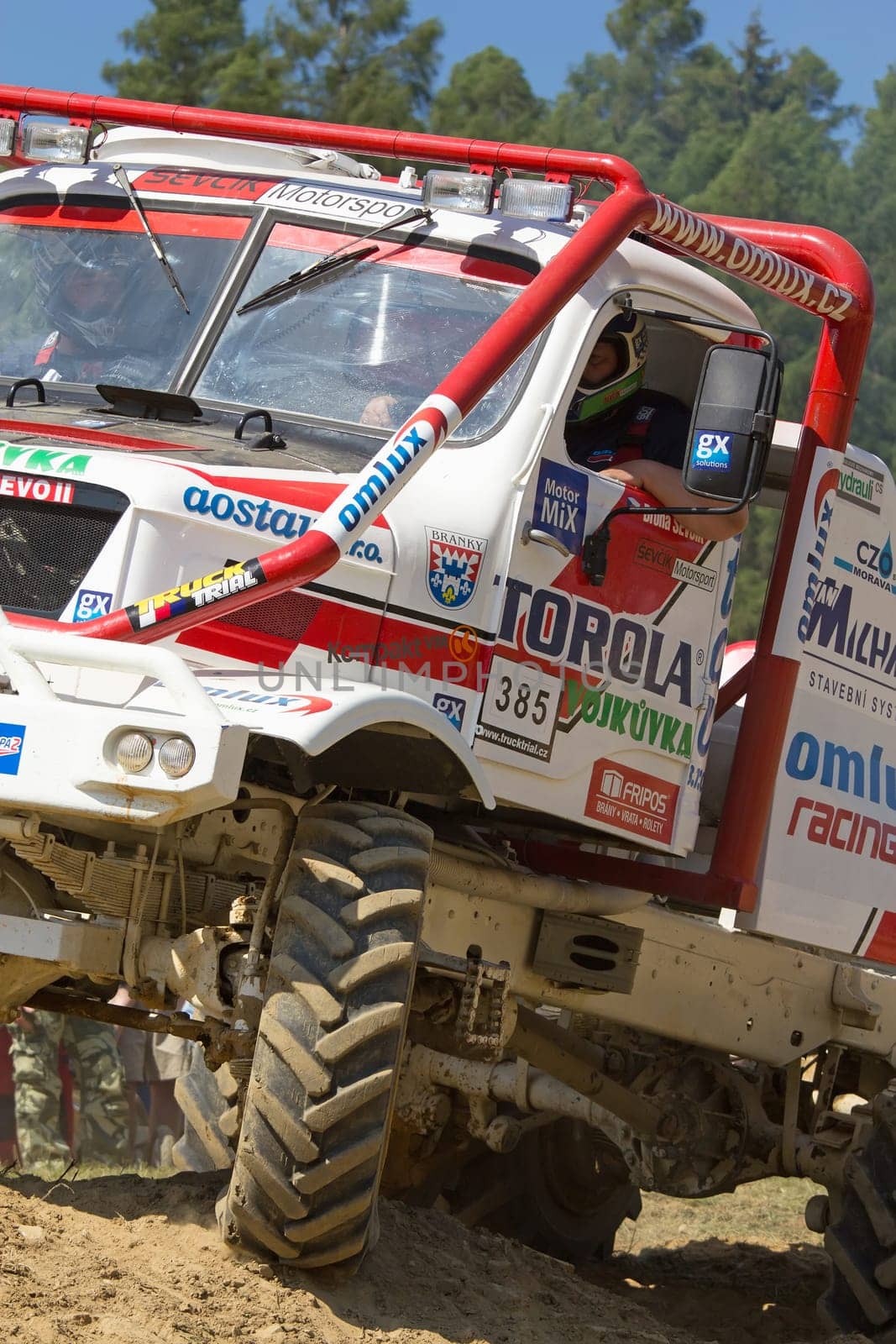 MOHELNICE, CZECH REPUBLIC - MAY 20. Unidentified racer passes through difficult terrain in the "Grand Prix Truck Trial 2012"" on May 20, 2012 in the town of Mohelnice, Czech Republic."