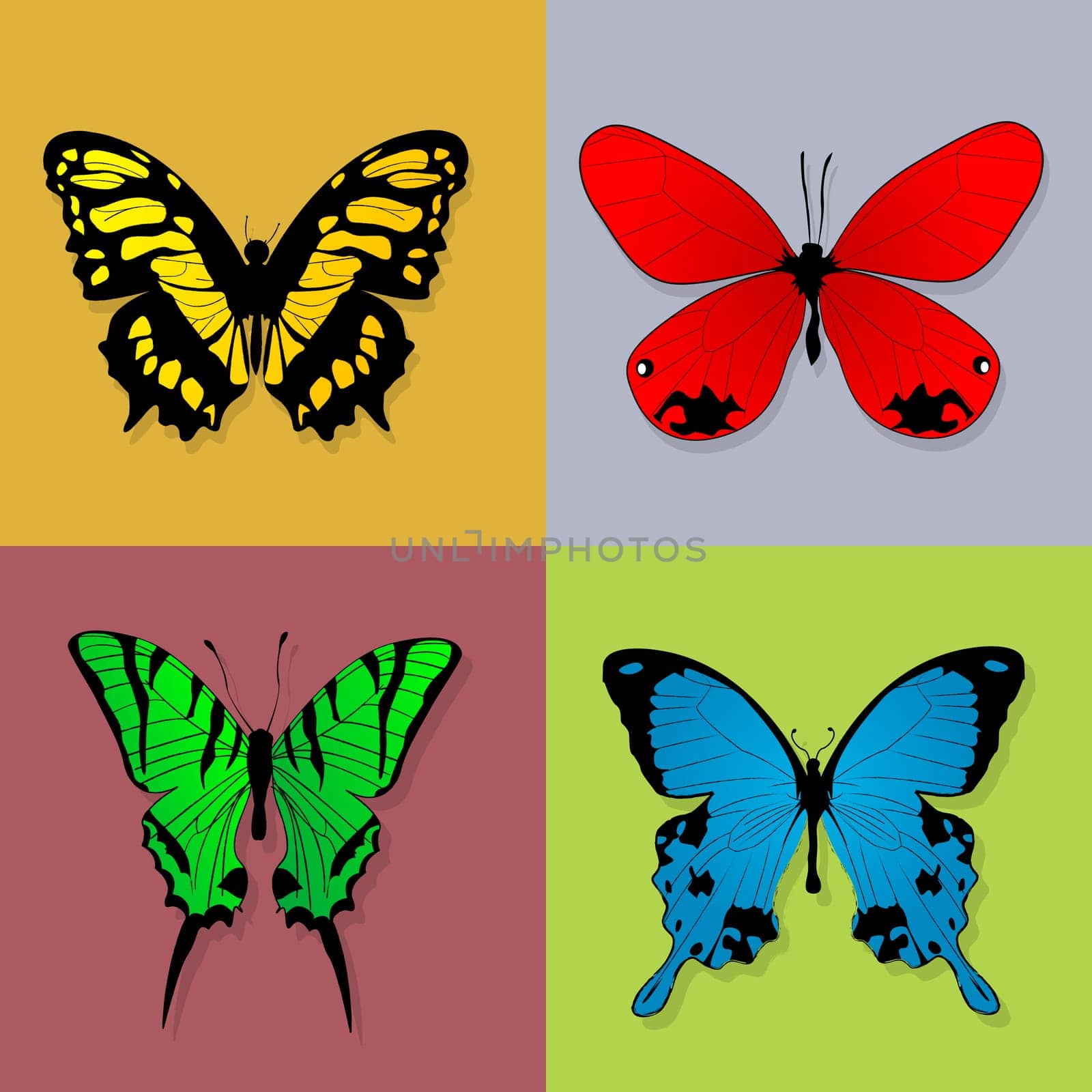 Four grunge style butterflies in squares. Isolated and grouped design elements.