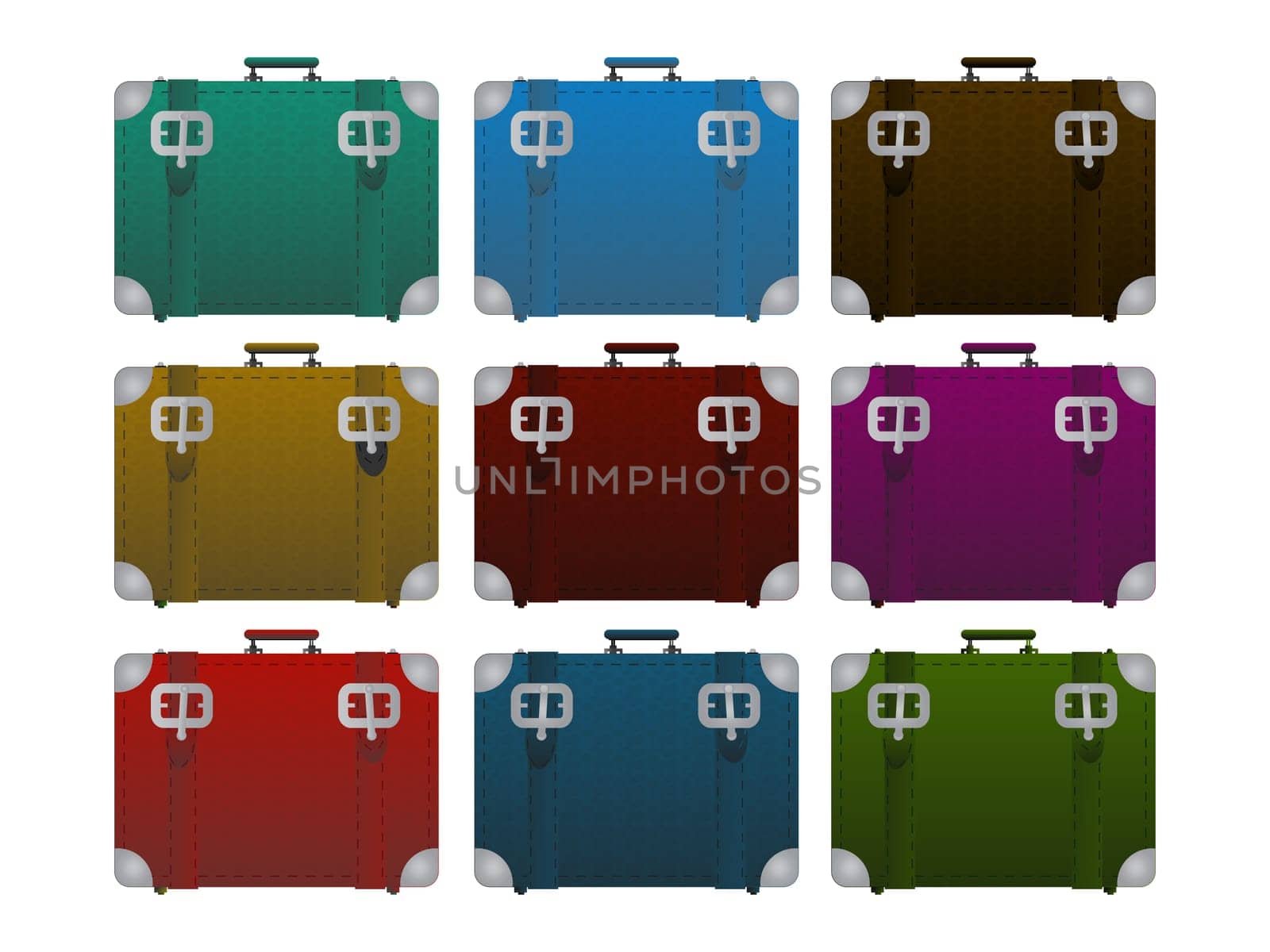 A set of leather luggage, suitcase in colors over white background