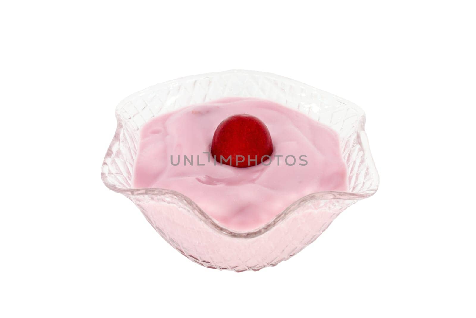 Sweet cherry yoghurt in glass bowl isolated on white