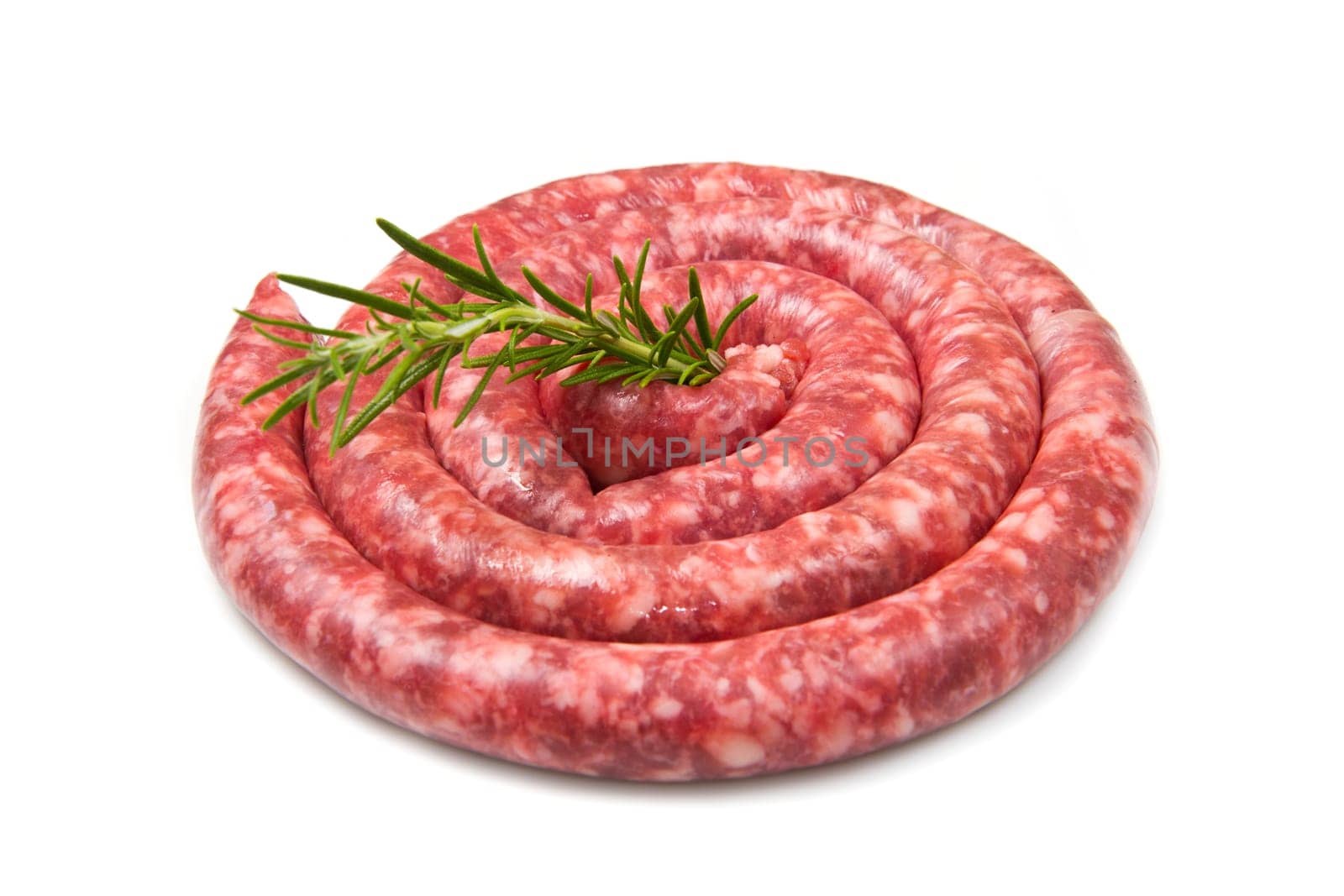 fresh raw sausage with rosemary on white background