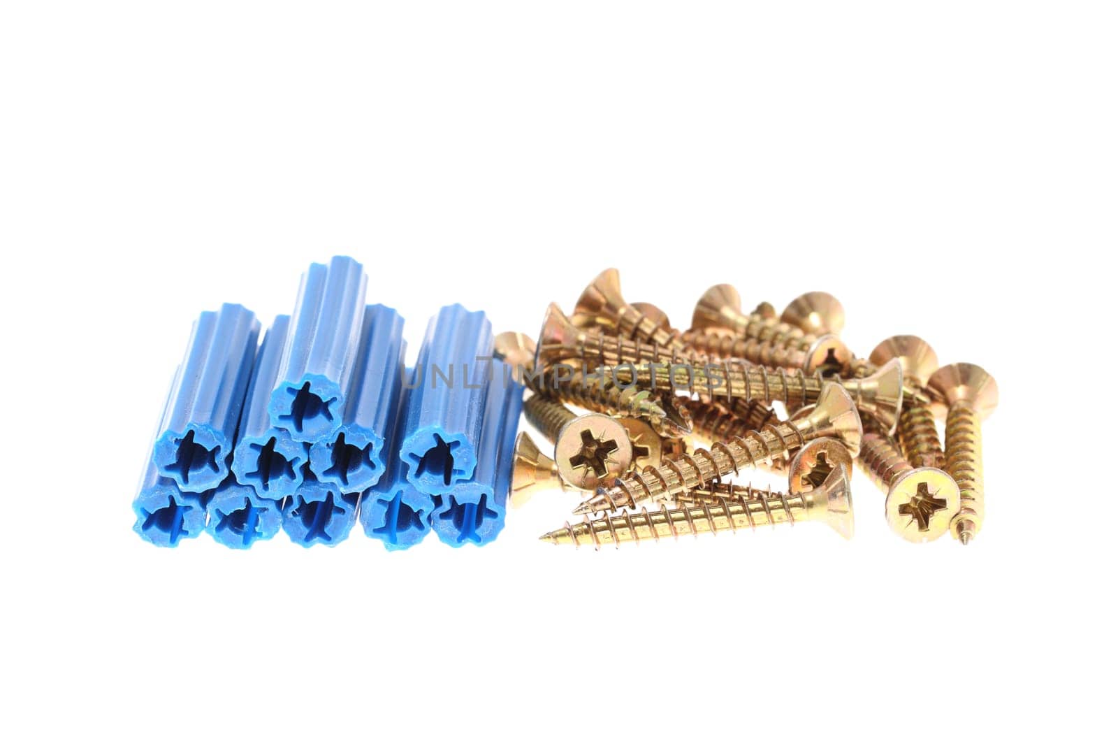 details of blue dowels and golden screws isolated on white