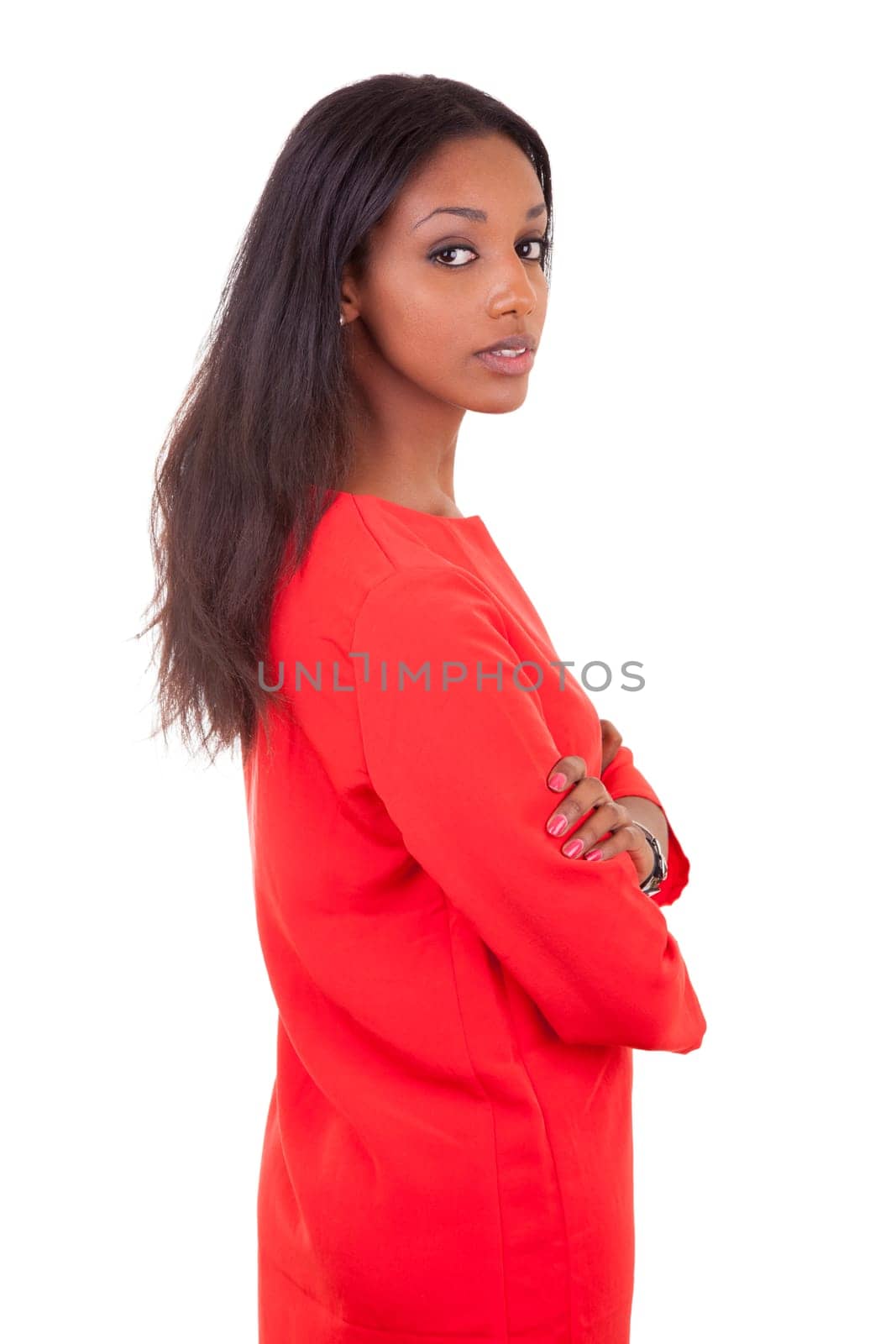 Portrait of a beautiful young black woman with folded arms isolated on white background
