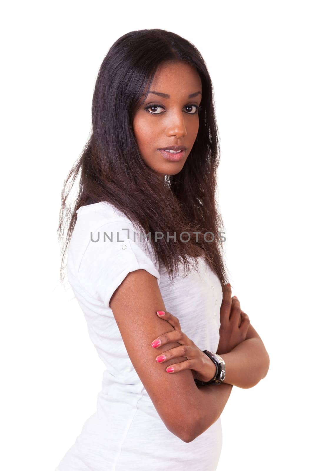 Portrait of a beautiful young black woman with folded arms isolated on white background
