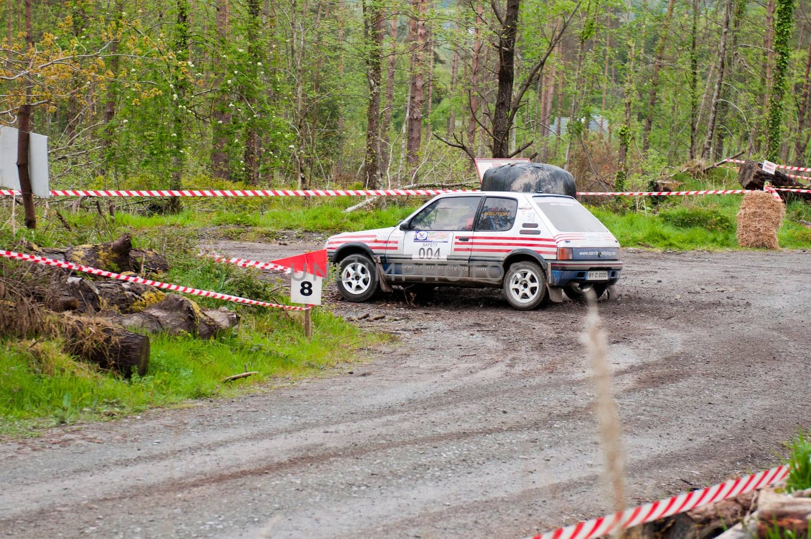 MALLOW, IRELAND - MAY 19: I. Downey driving Opel Corsa at the Jim Walsh Cork Forest Rally on May 19, 2012 in Mallow, Ireland. 4th round of the Valvoline National Forest Rally Championship.