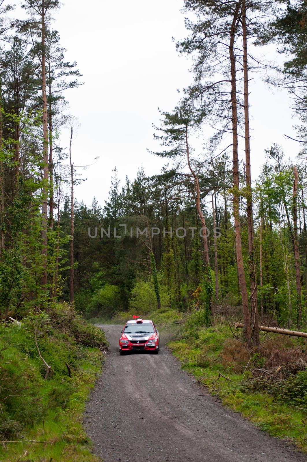 MALLOW, IRELAND - MAY 19: Stage Winner O. Murphy driving Mitsubishi Evo at the Jim Walsh Cork Forest Rally on May 19, 2012 in Mallow, Ireland. 4th round of the Valvoline Forest Rally Championship.