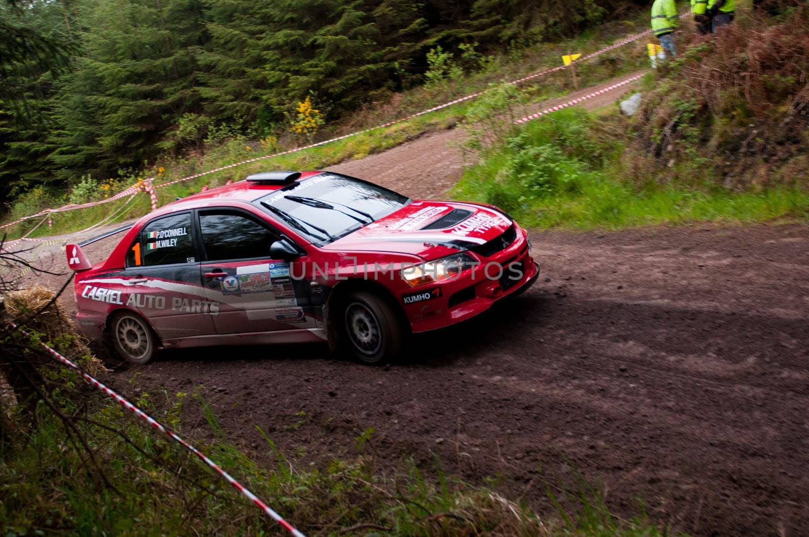 MALLOW, IRELAND - MAY 19: P. O&#039  Connell driving Mitsubishi Evo at the Jim Walsh Cork Forest Rally on May 19, 2012 in Mallow, Ireland. 4th round of the Valvoline National Forest Rally Championship.