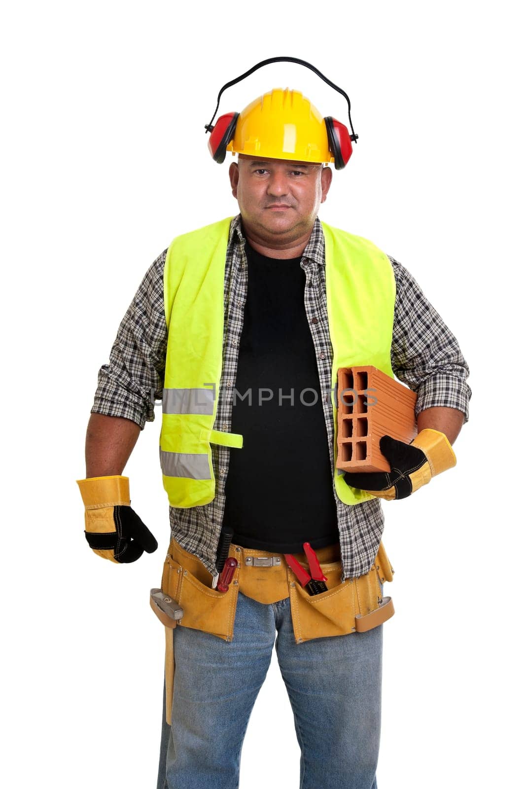 Plump construction worker isolated in white