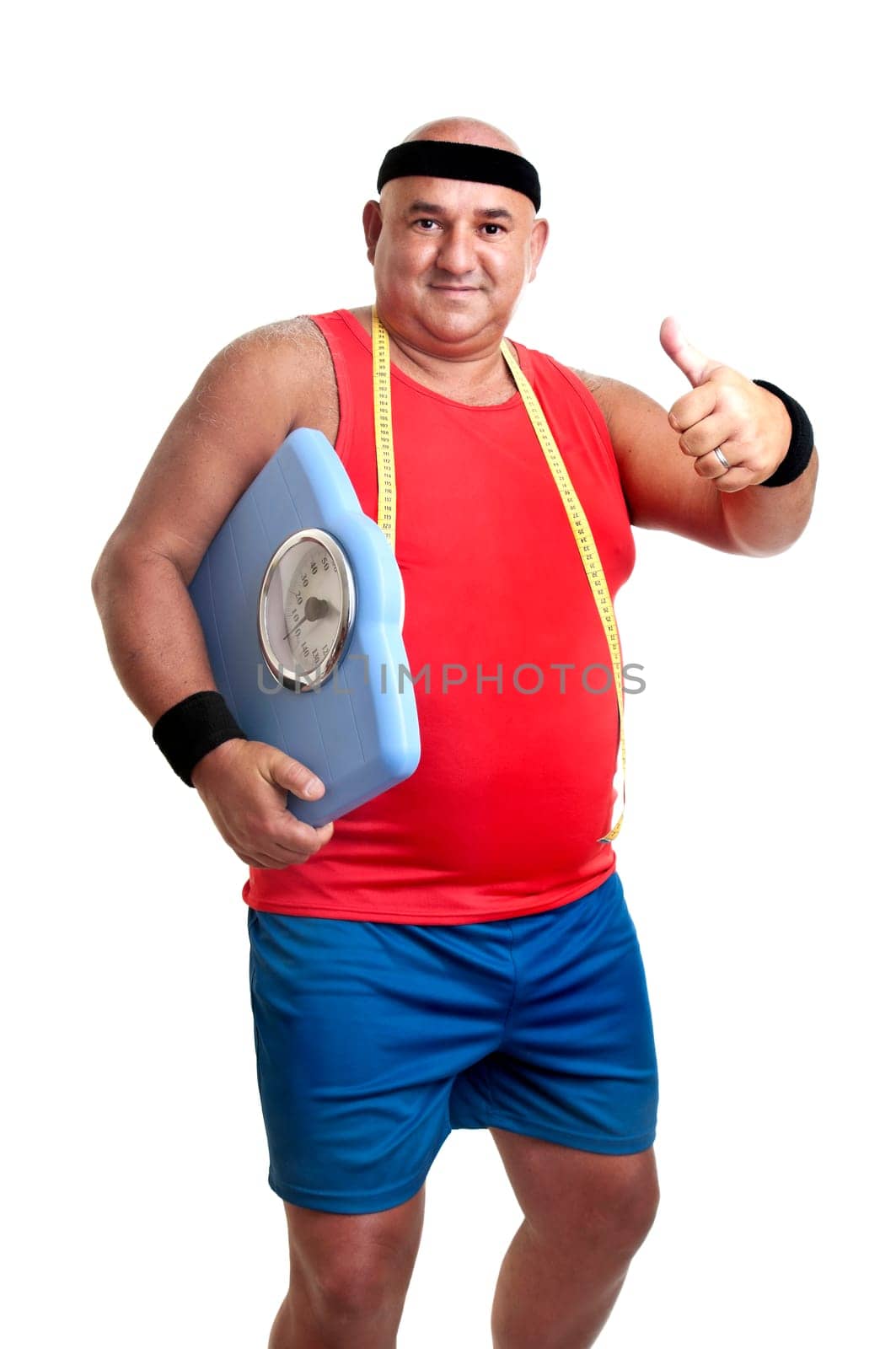 Large fitness man with weight scale isolated in white