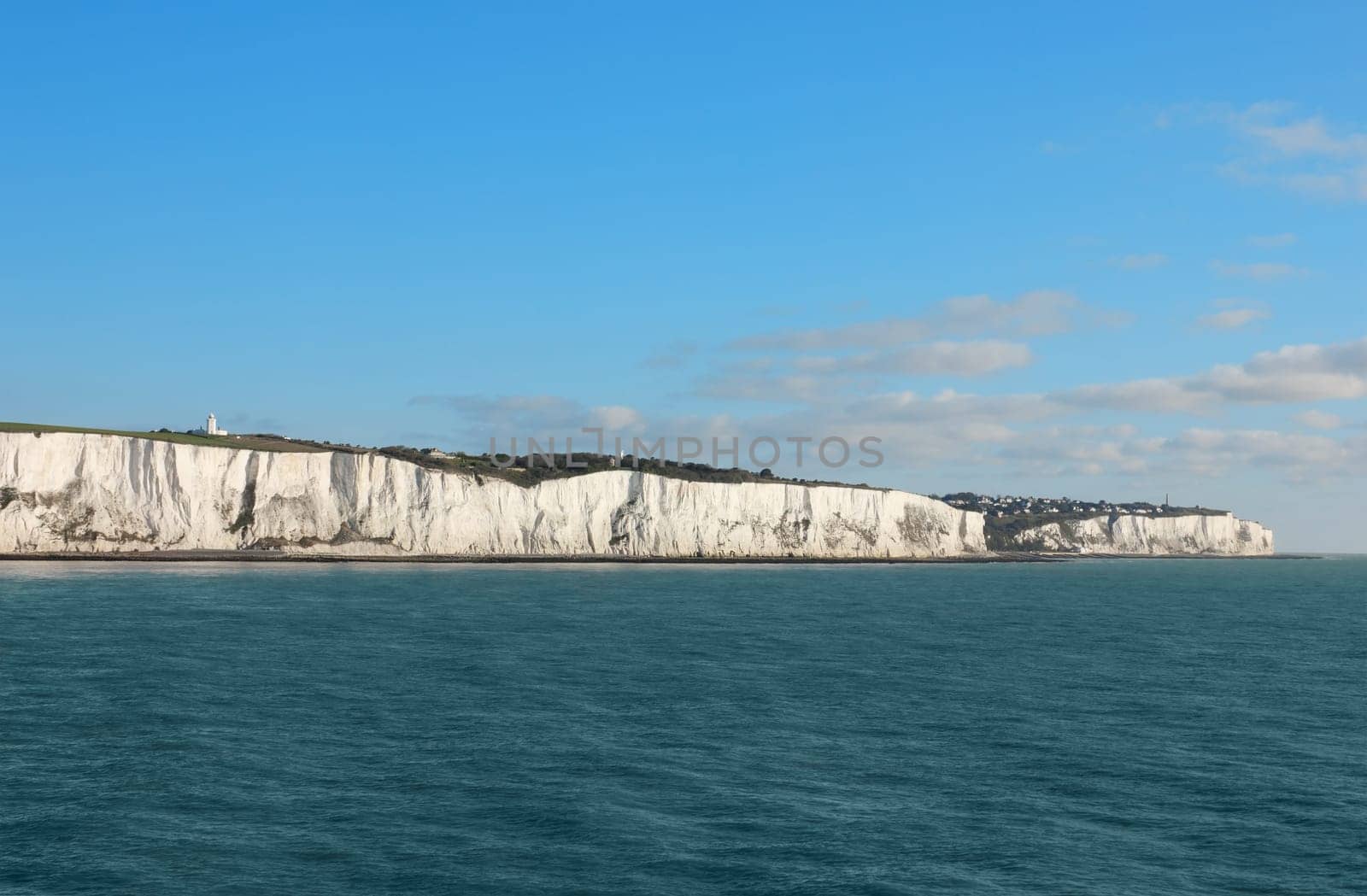Seaview shot of the last pieces of land leaving Great Britain toward France.