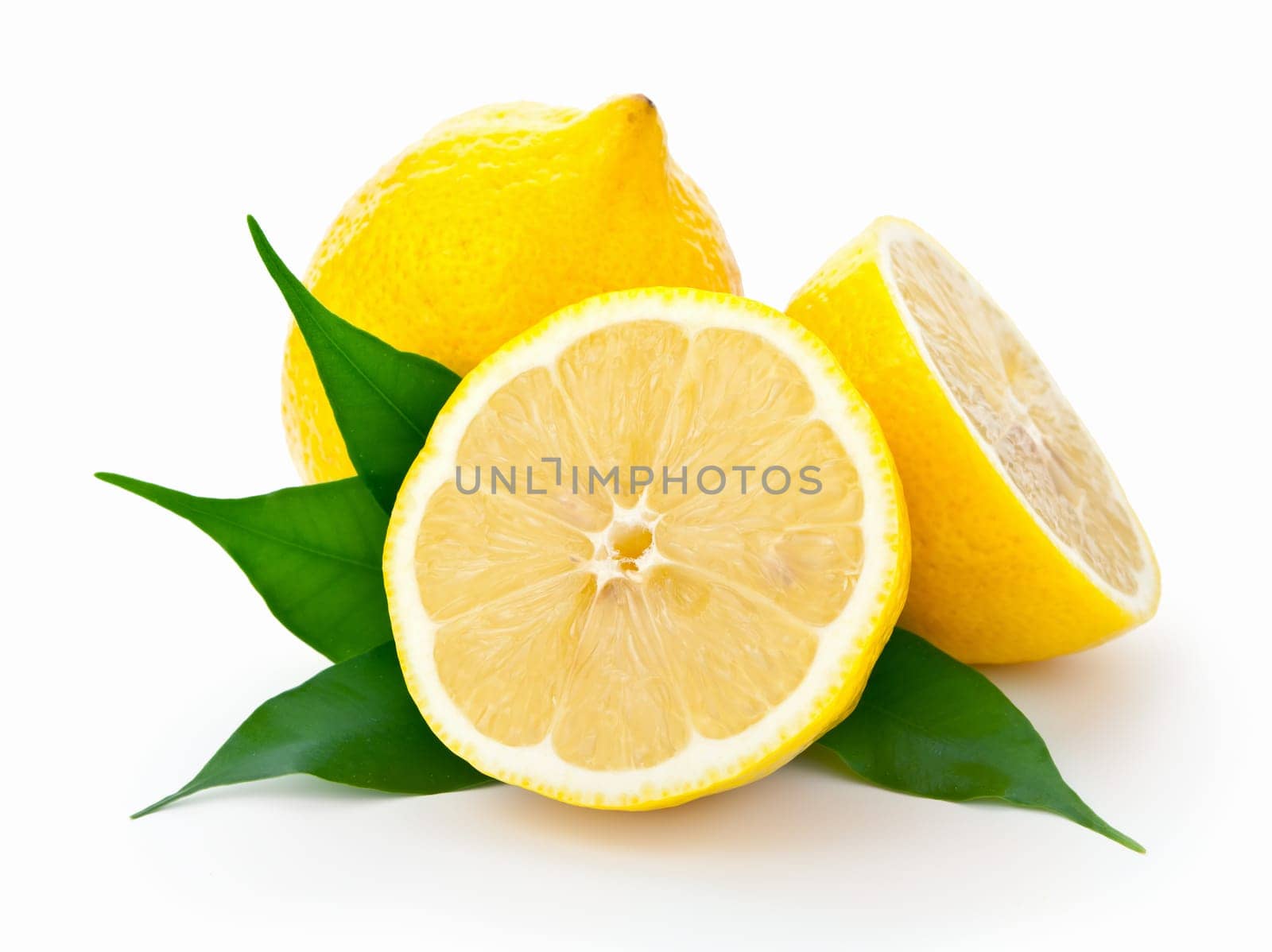 Fresh lemons with leaves on white background