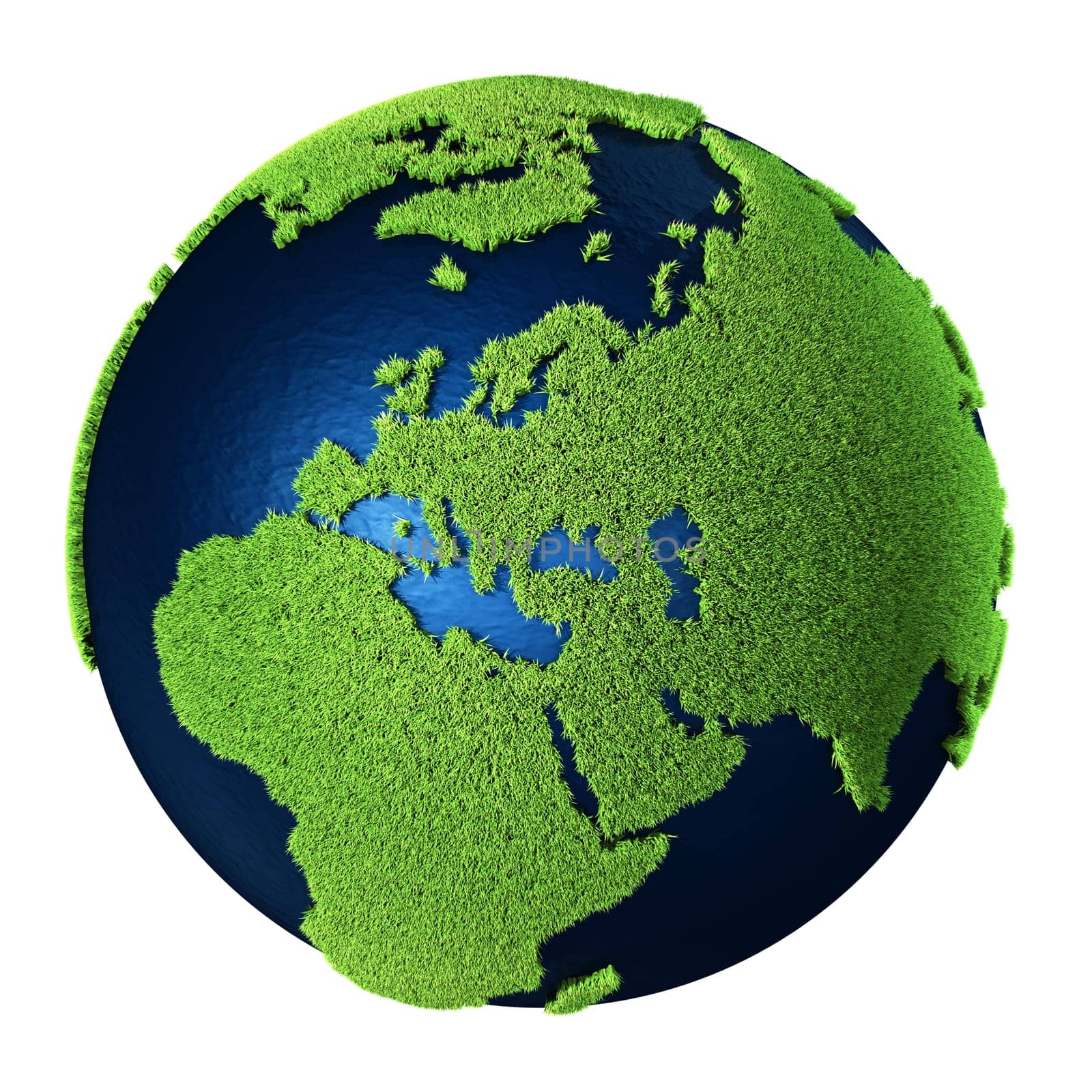 Grass Earth with blue oceans isolated on white background. Europe. 3d render