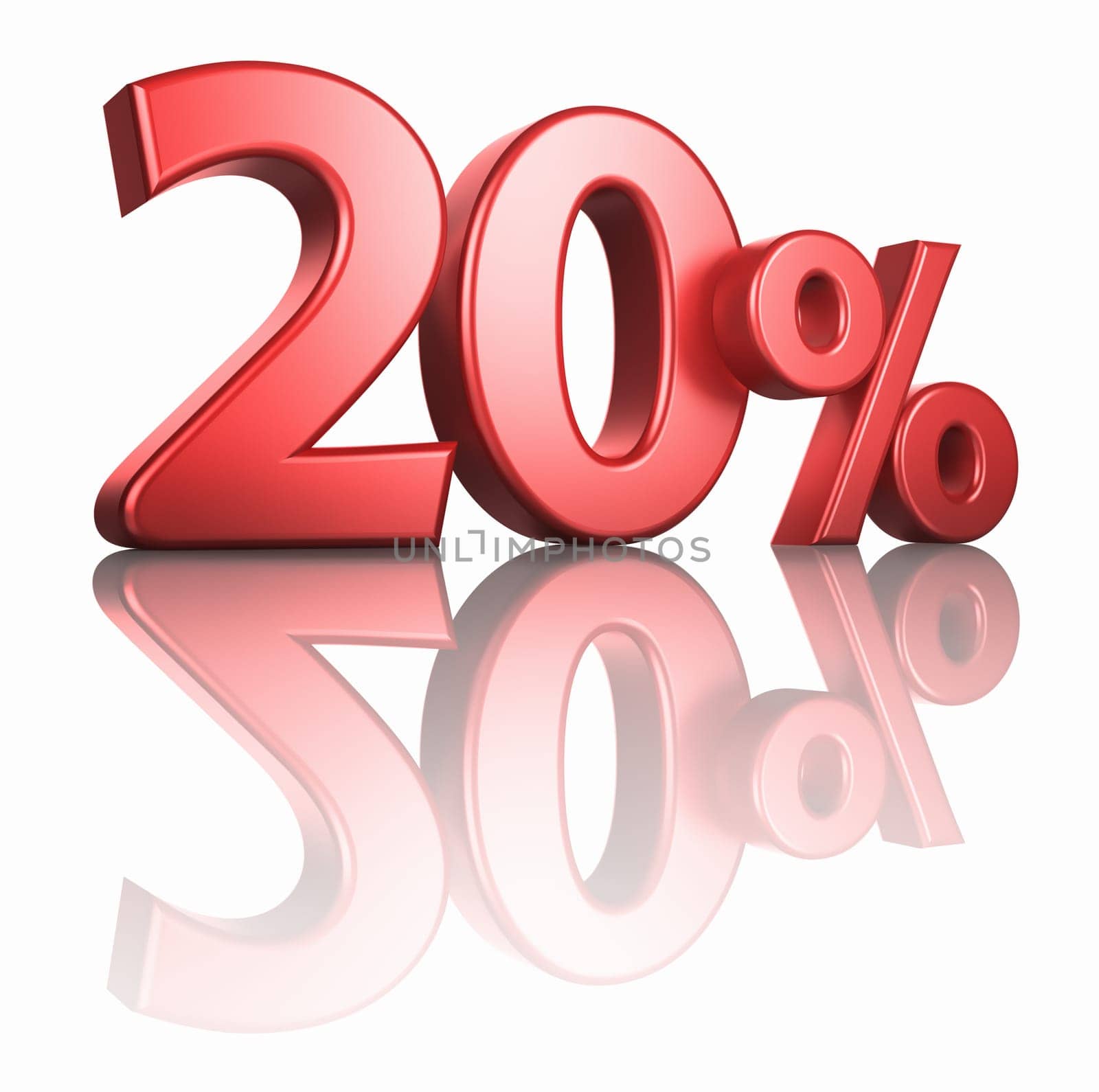 Glossy red twenty percent on white background with mirror floor, 3d render 20%