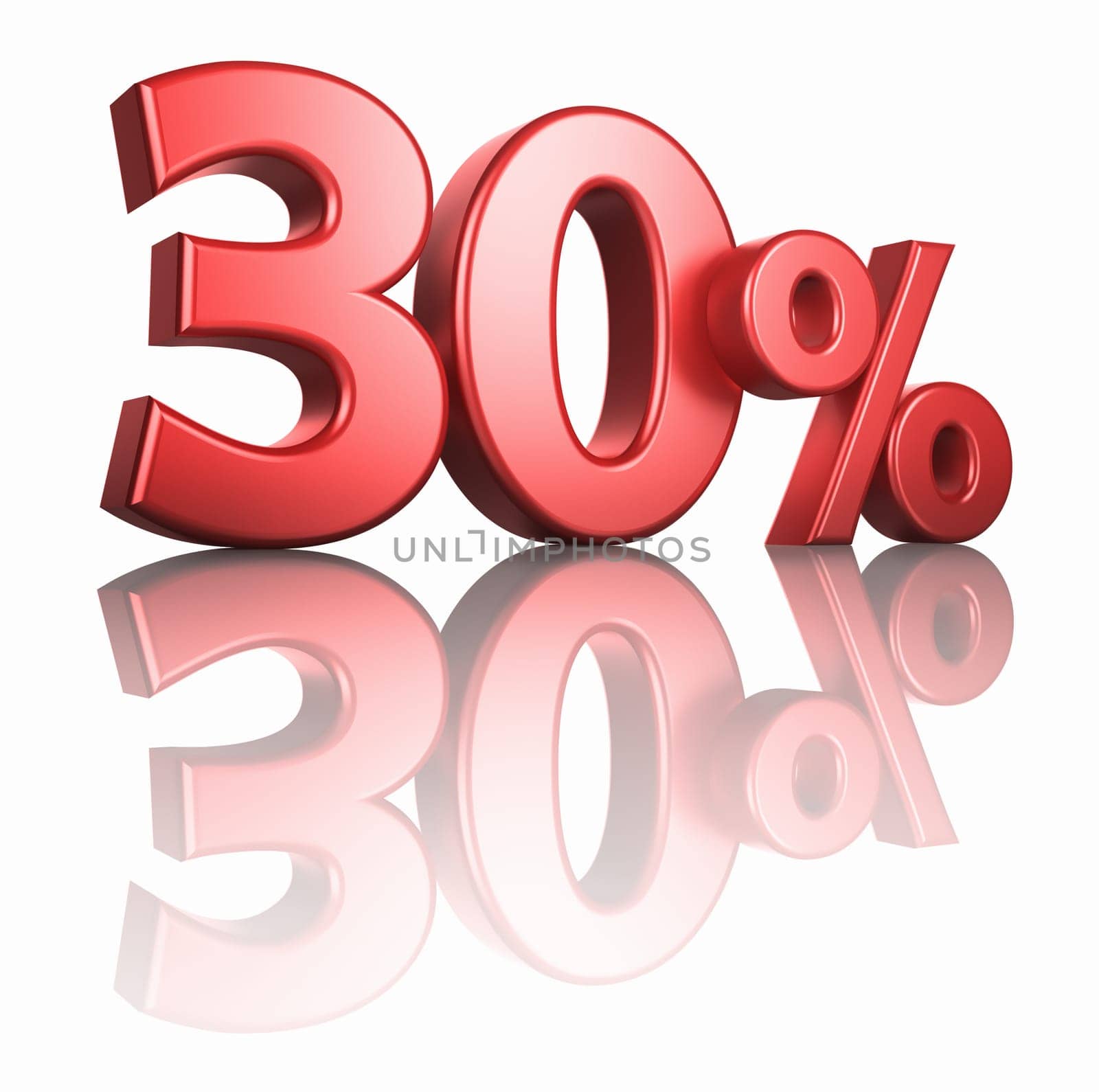 Glossy red thirty percent on white background with mirror floor, 3d render 30%