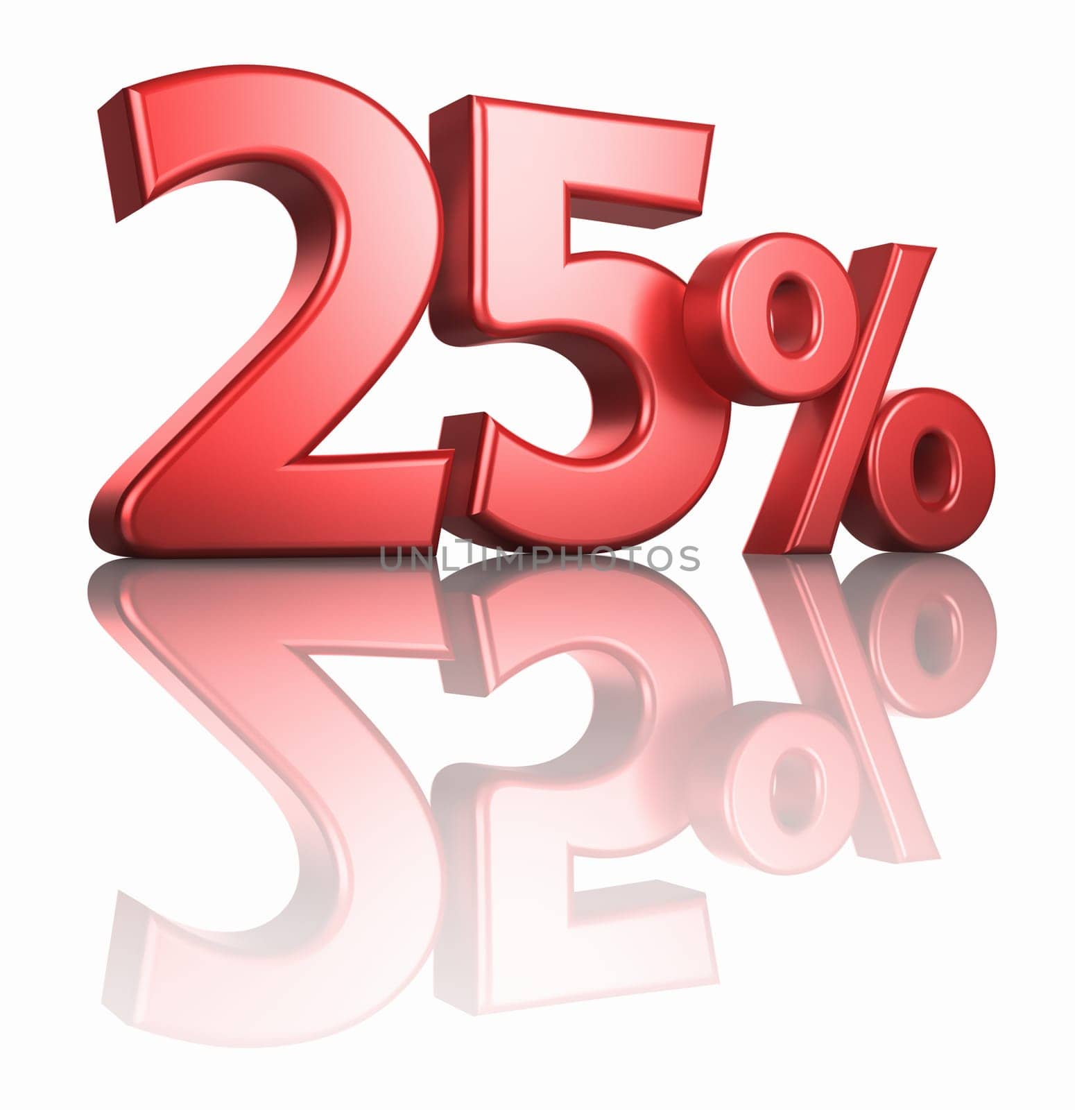 Glossy red twenty five percent on white background with mirror floor, 3d render 25%