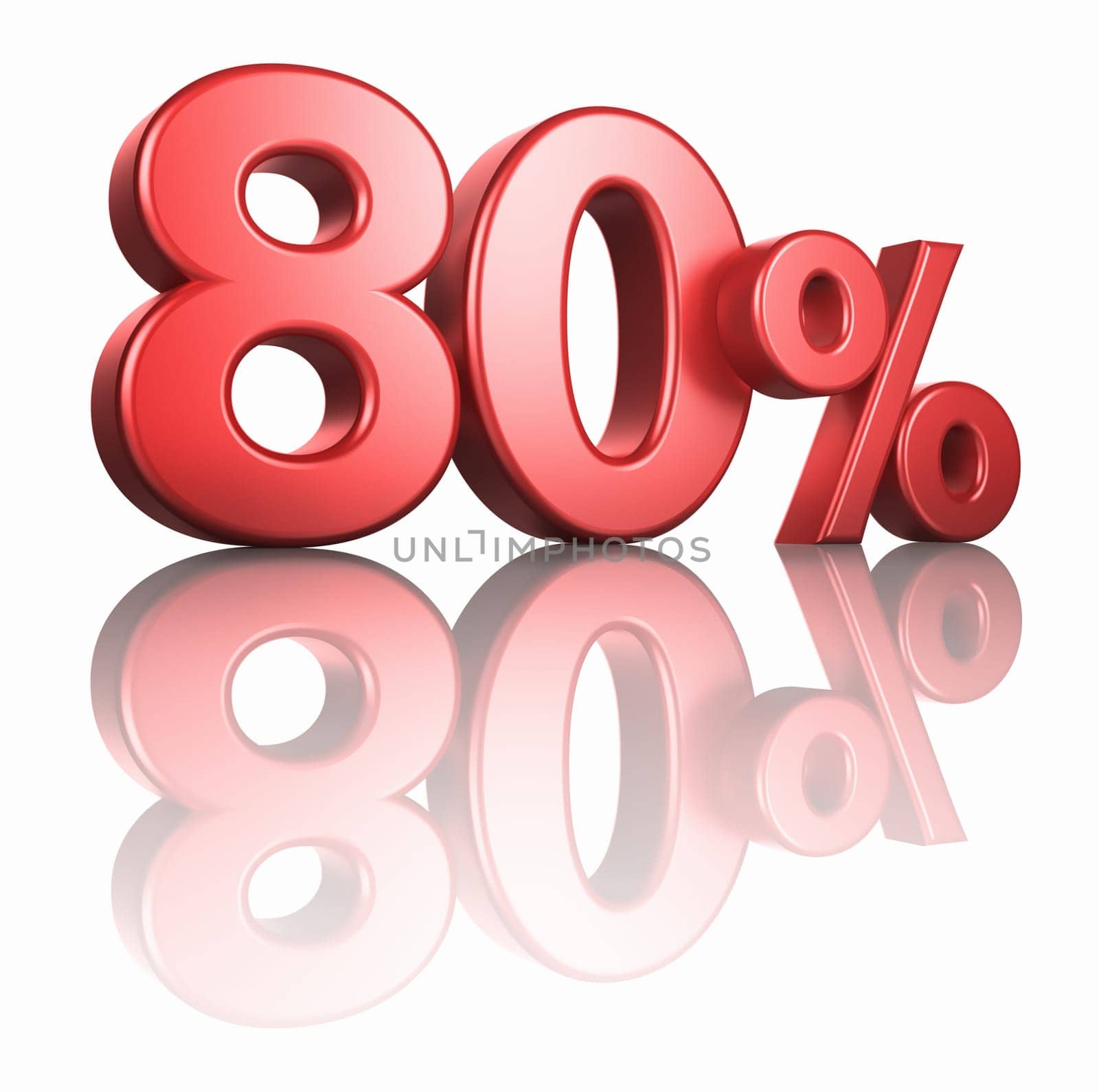 Glossy red eighty percent on white background with mirror floor, 3d render 80%