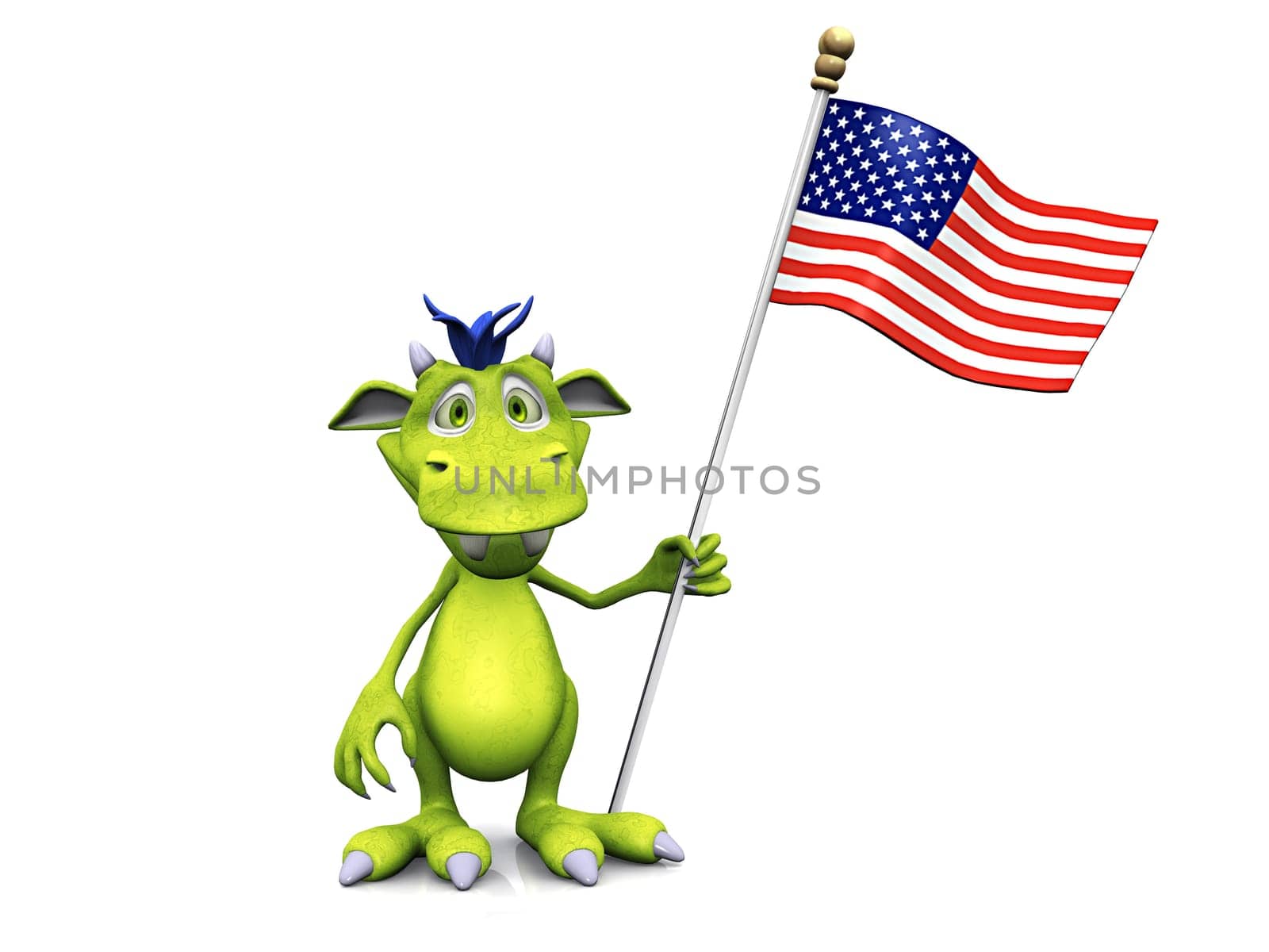A cute friendly cartoon monster holding an American flag in his hand, celebrating 4th of July maybe. The monster is green with blue hair. White background.