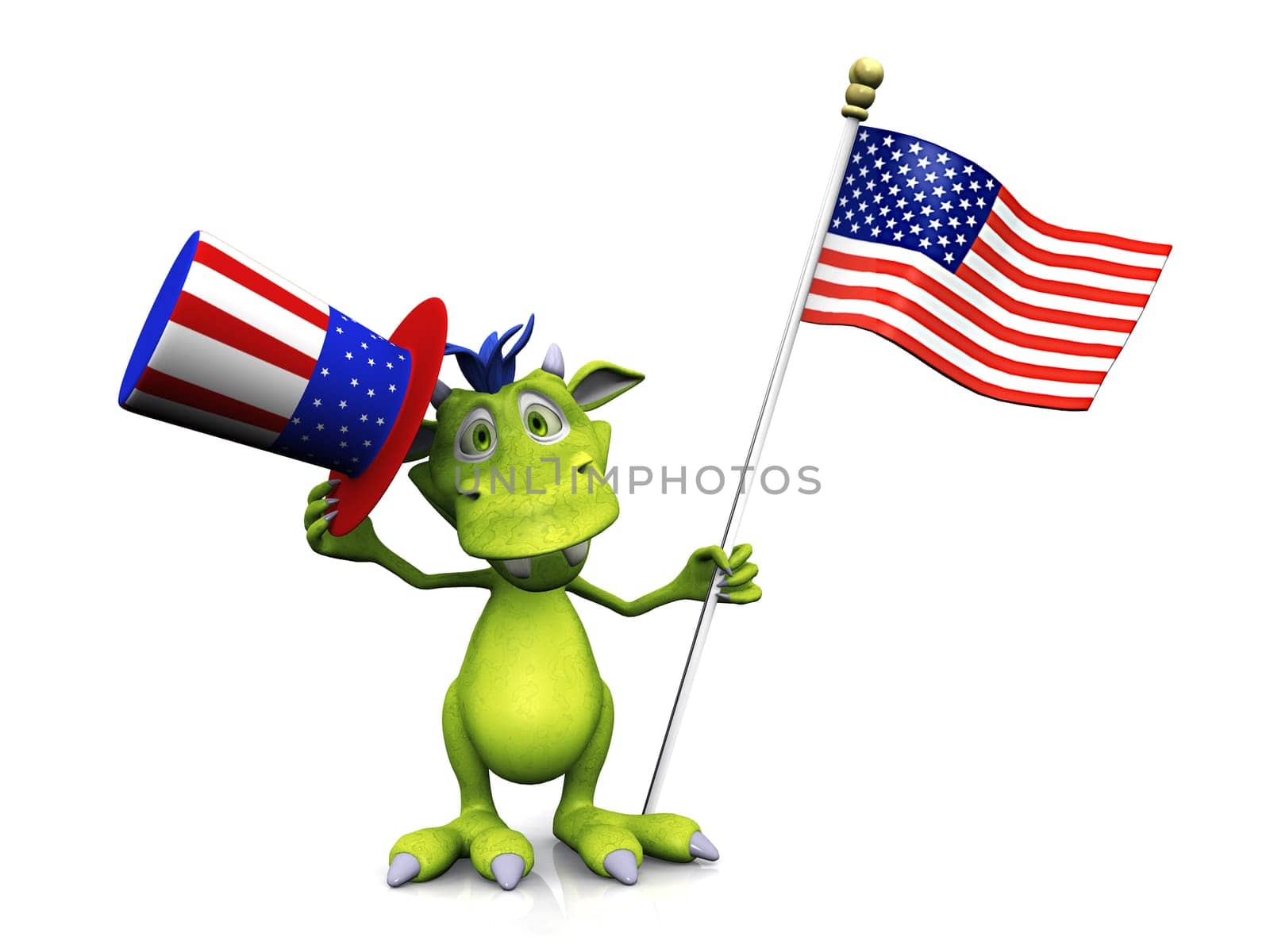 A cute cartoon monster holding an American flag in one hand and a flag decorated hat in the other. He is celebrating 4th of July or Independence Day. The monster is green with blue hair. White background.
