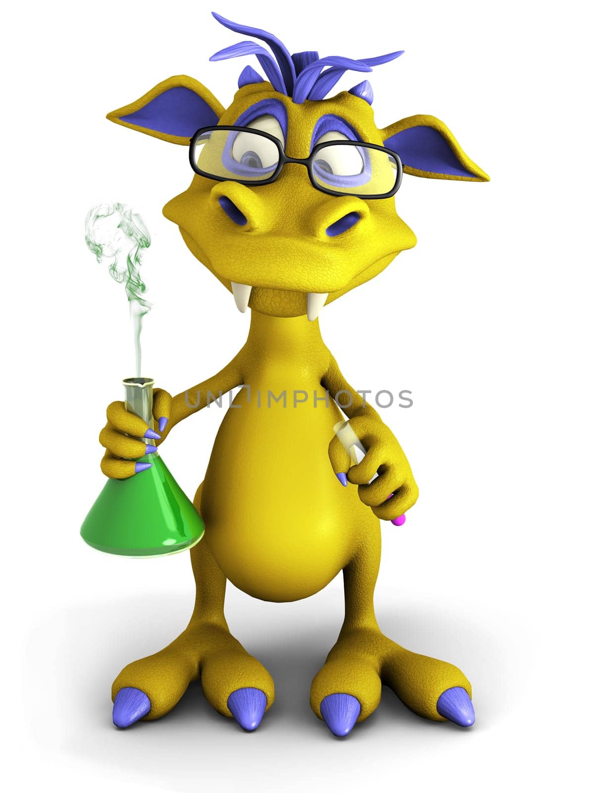 A cute cartoon monster wearing glasses and doing an experiment. He is holding a beaker with smoke coming out from it. White background.