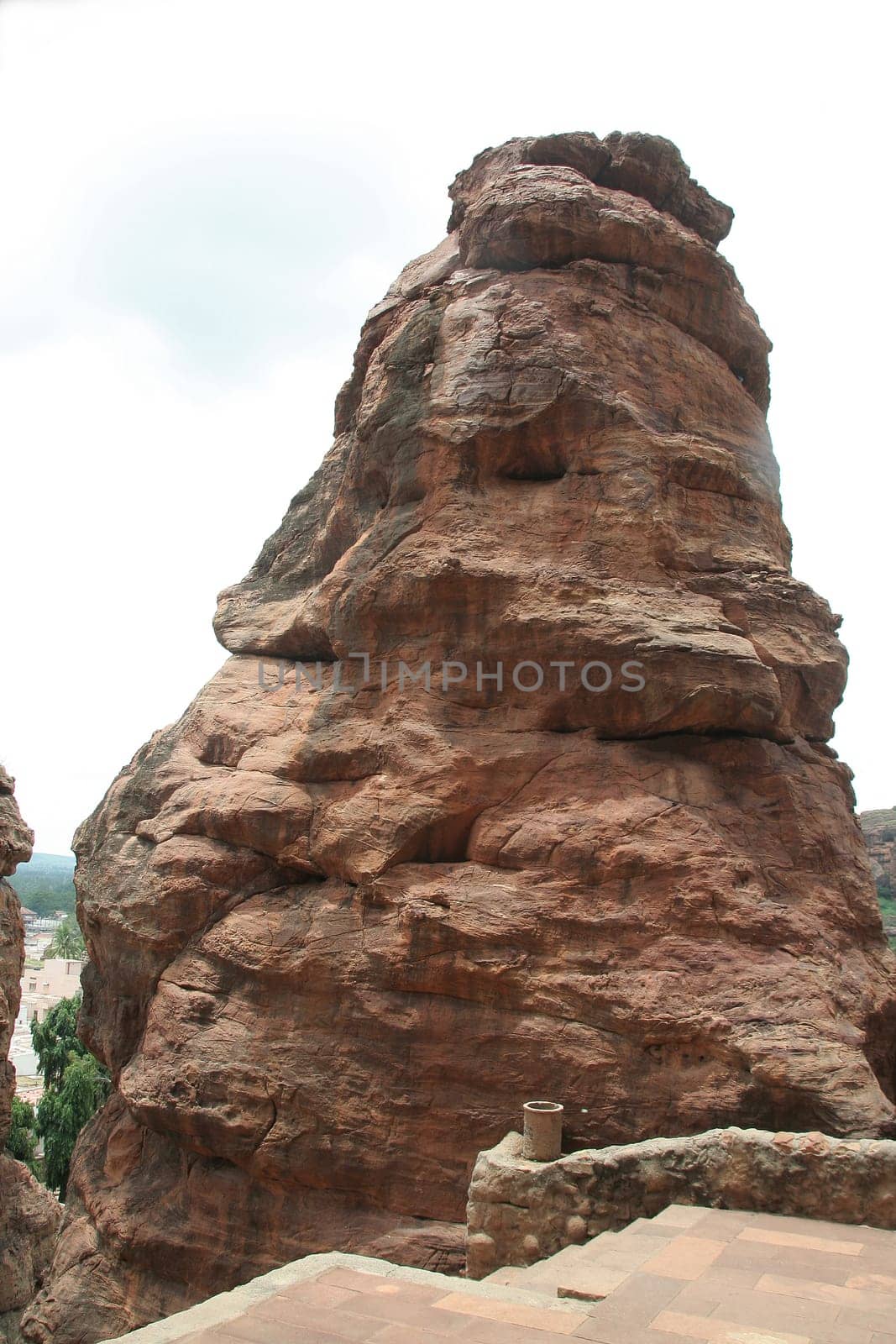 Rock shaped like monster on way to cave temples at Badami, Karnataka, India, Asia