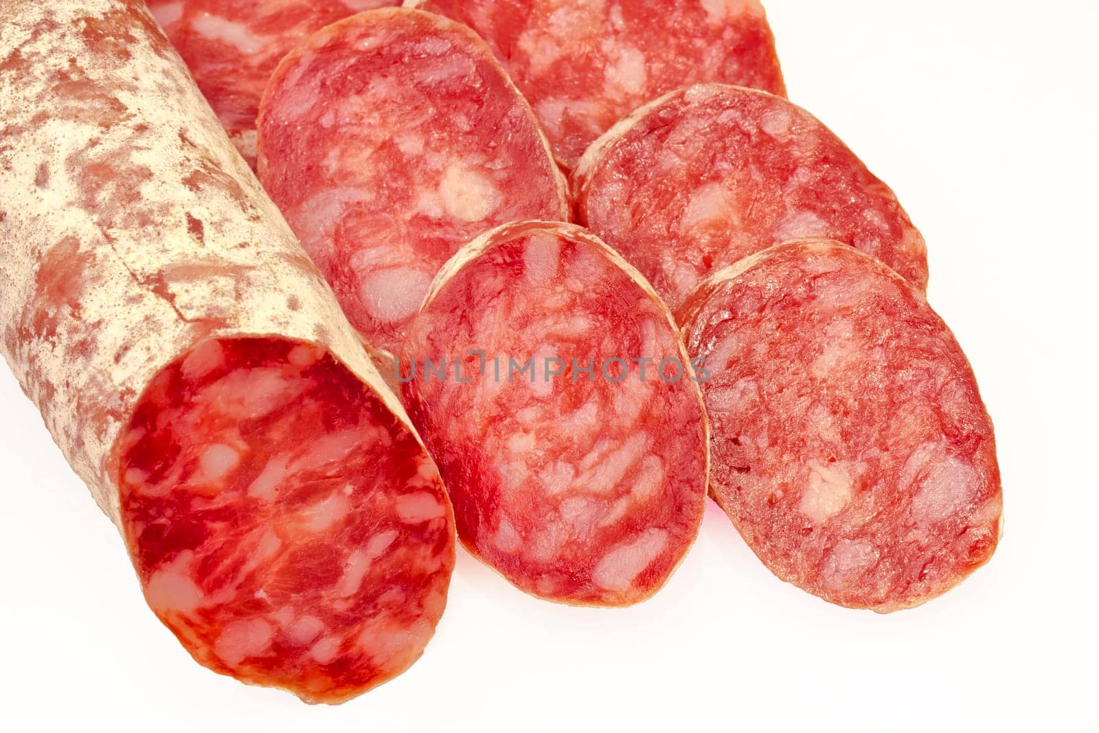 white salami sausage on white background