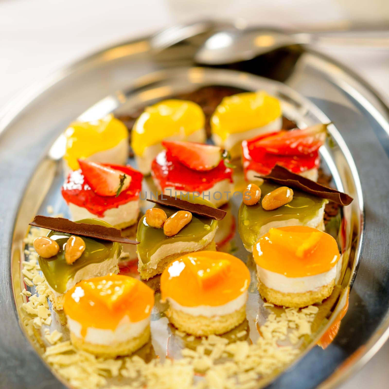 Variety of desserts on serving tray catering buffet