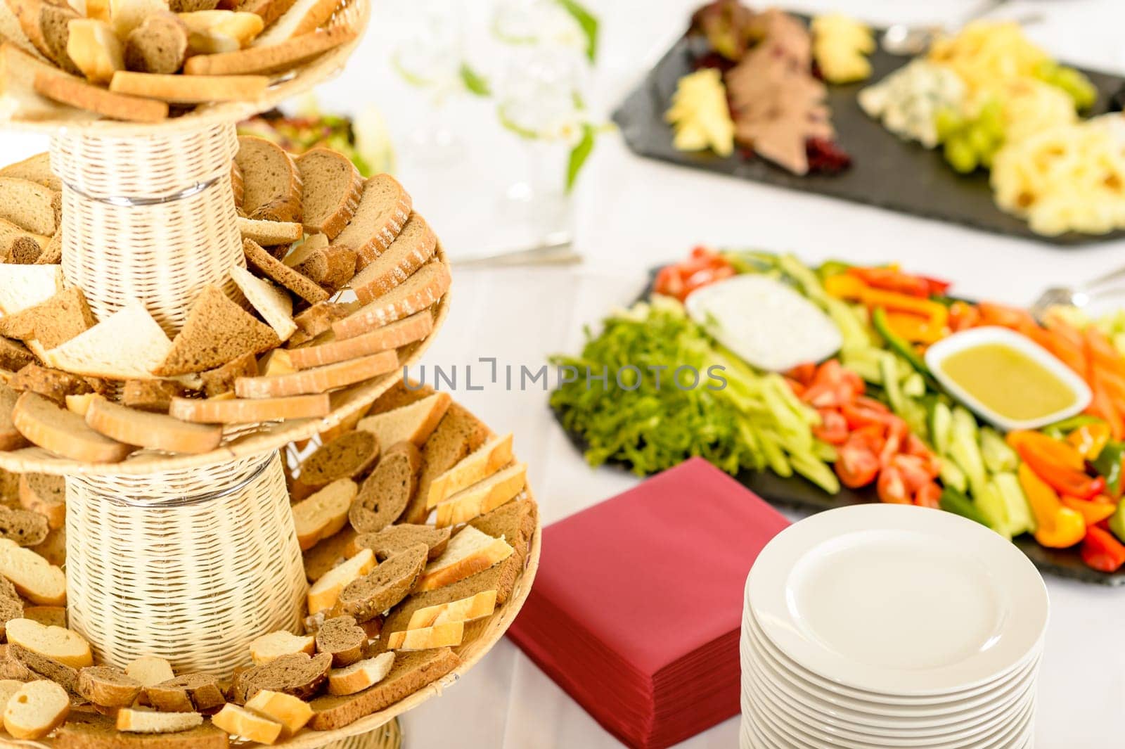 Catering service food buffet selection on white tablecloth