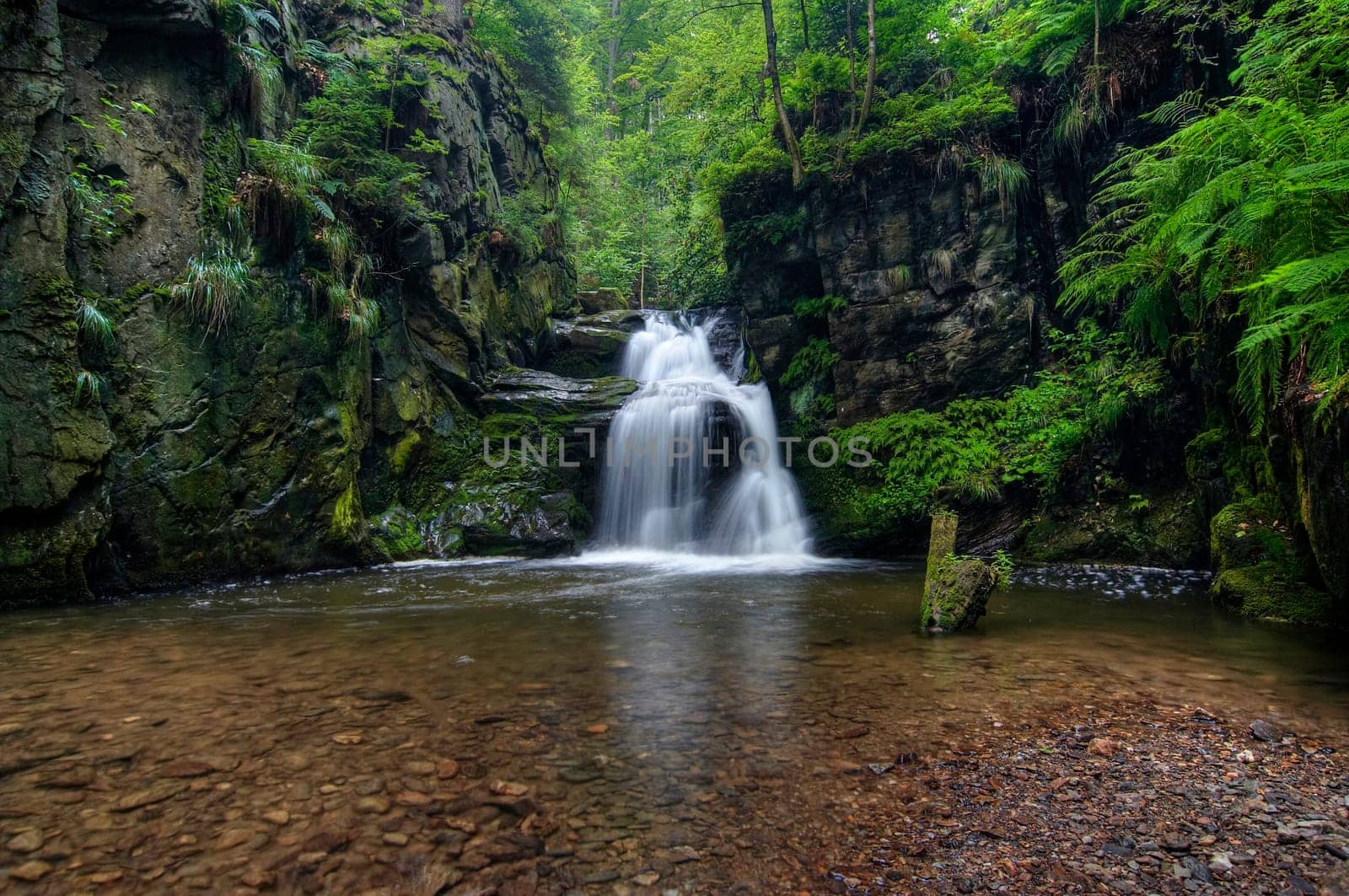 Shot of the fall of water. Stream Huntava - natural area - nature preserve. Resov, Czech republic, Europe.