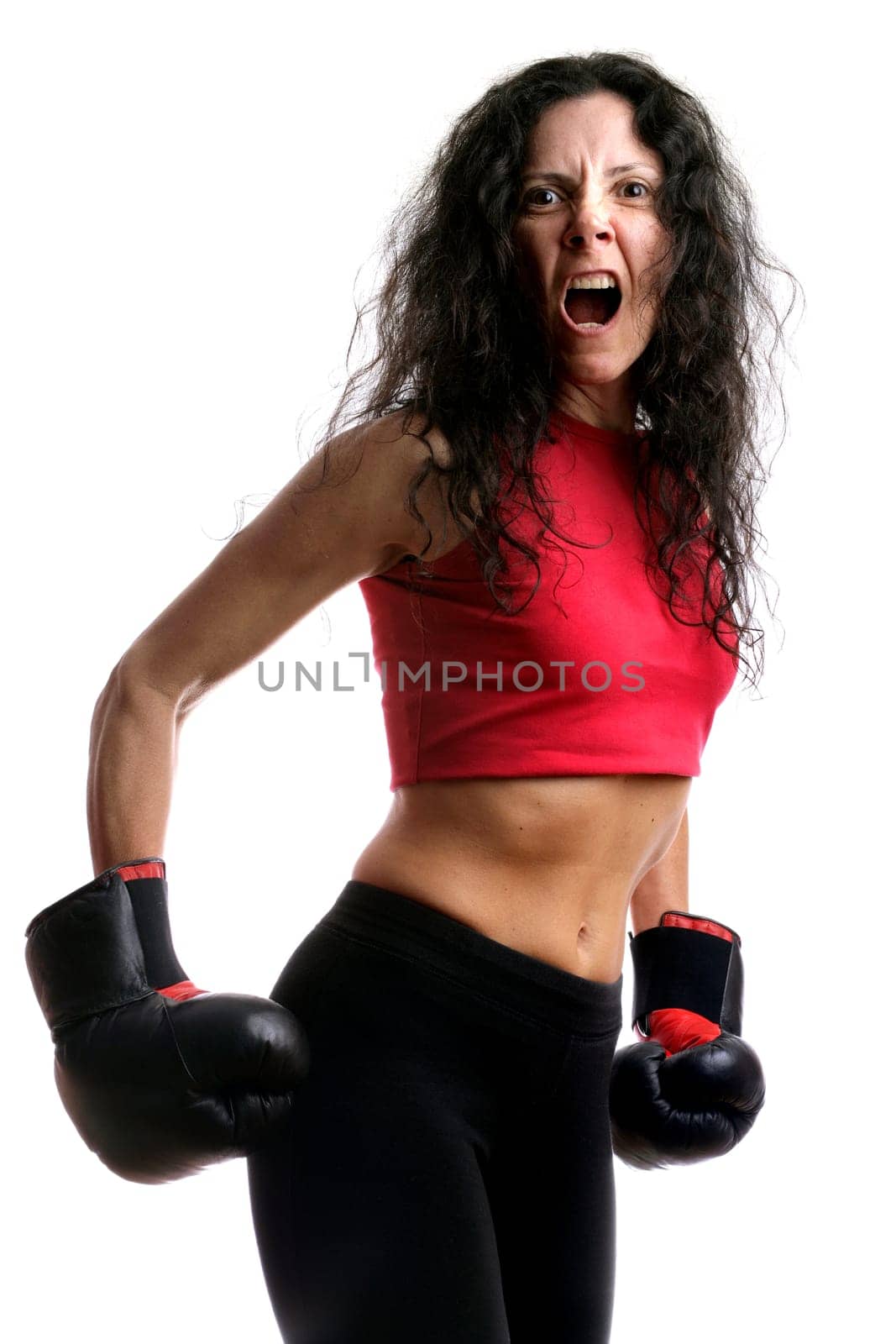 Young girl with boxing glove isolated in white