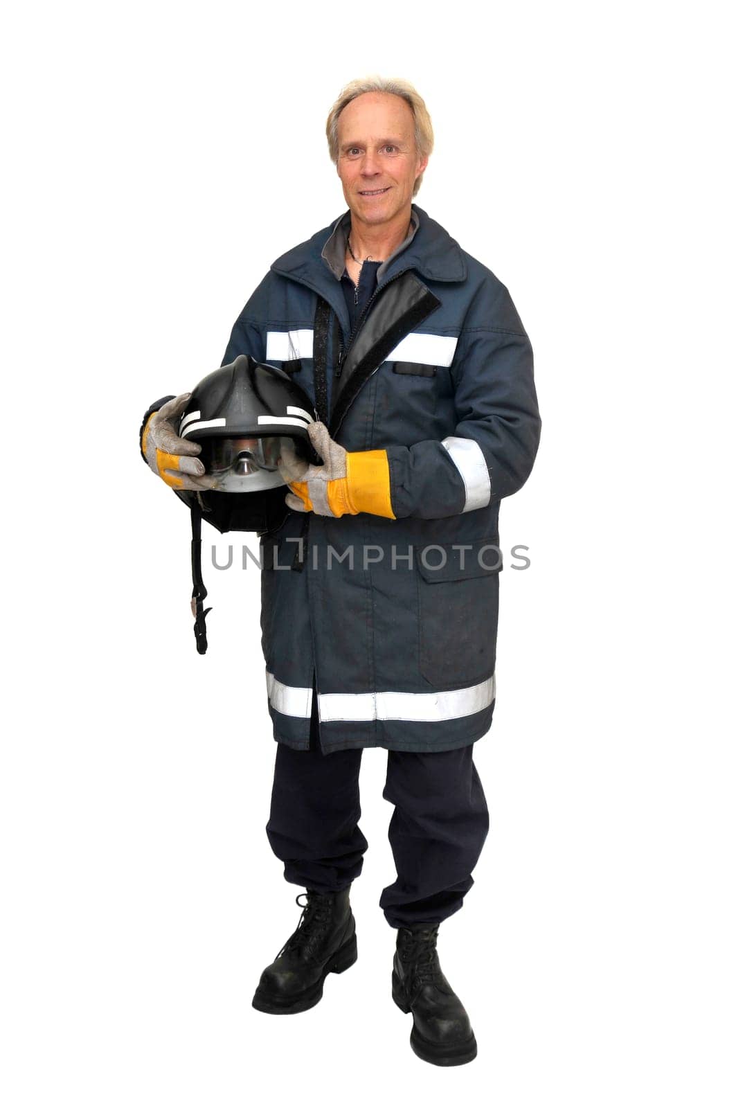 Fireman in uniform isolated in white