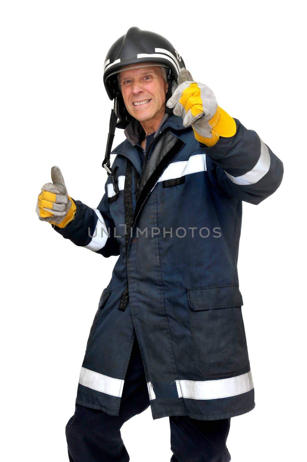 Fireman in uniform isolated in white