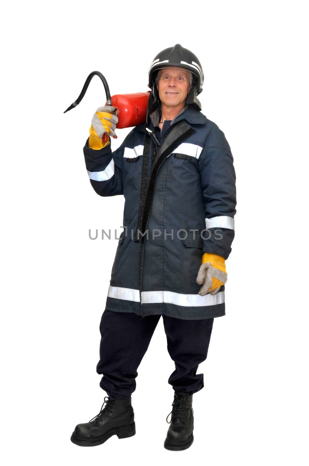 Fireman in uniform isolated in white