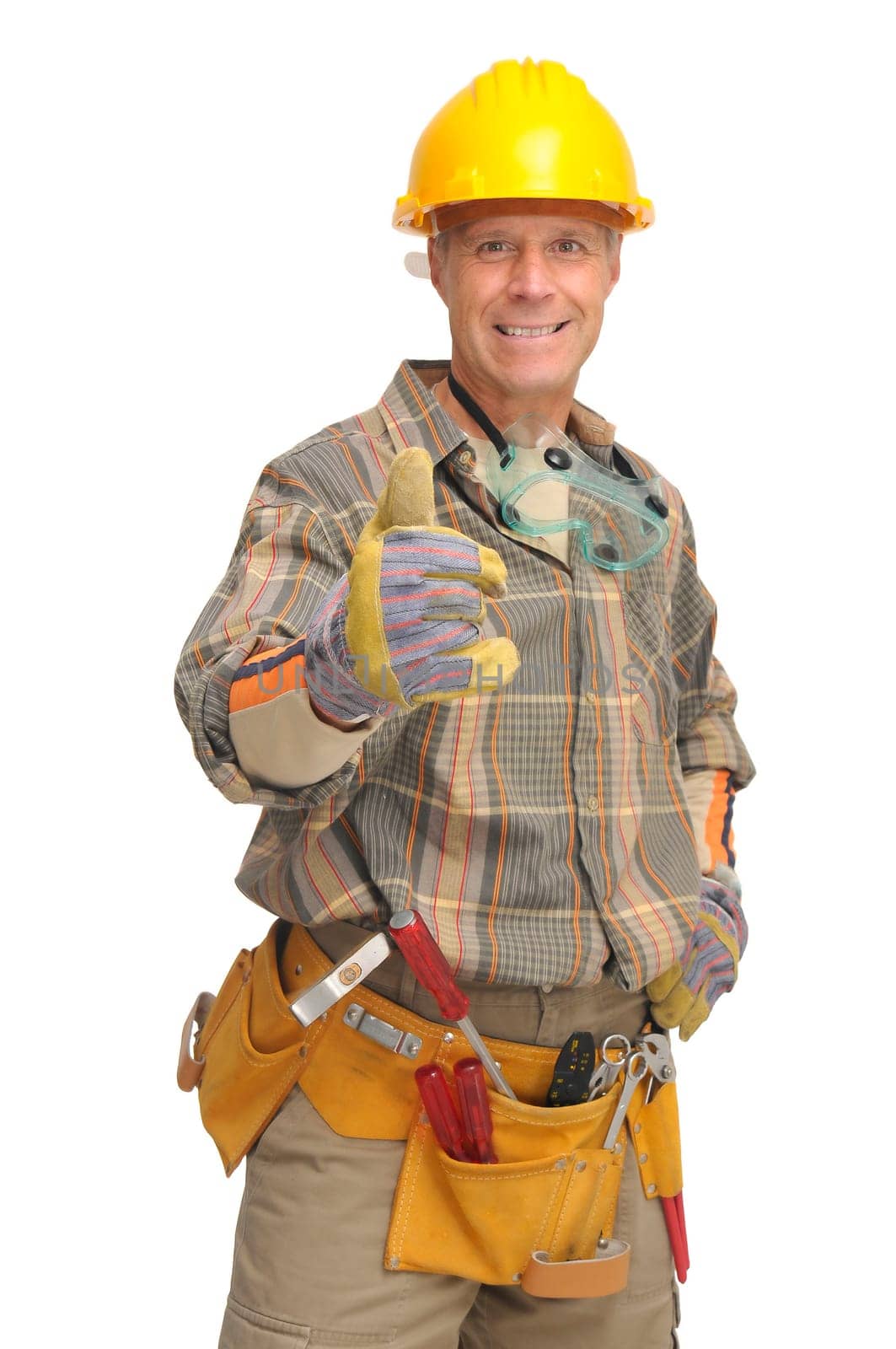 Worker with hat and tools isolated in white