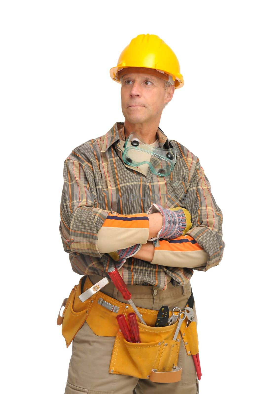 Worker with hat and tools isolated in white