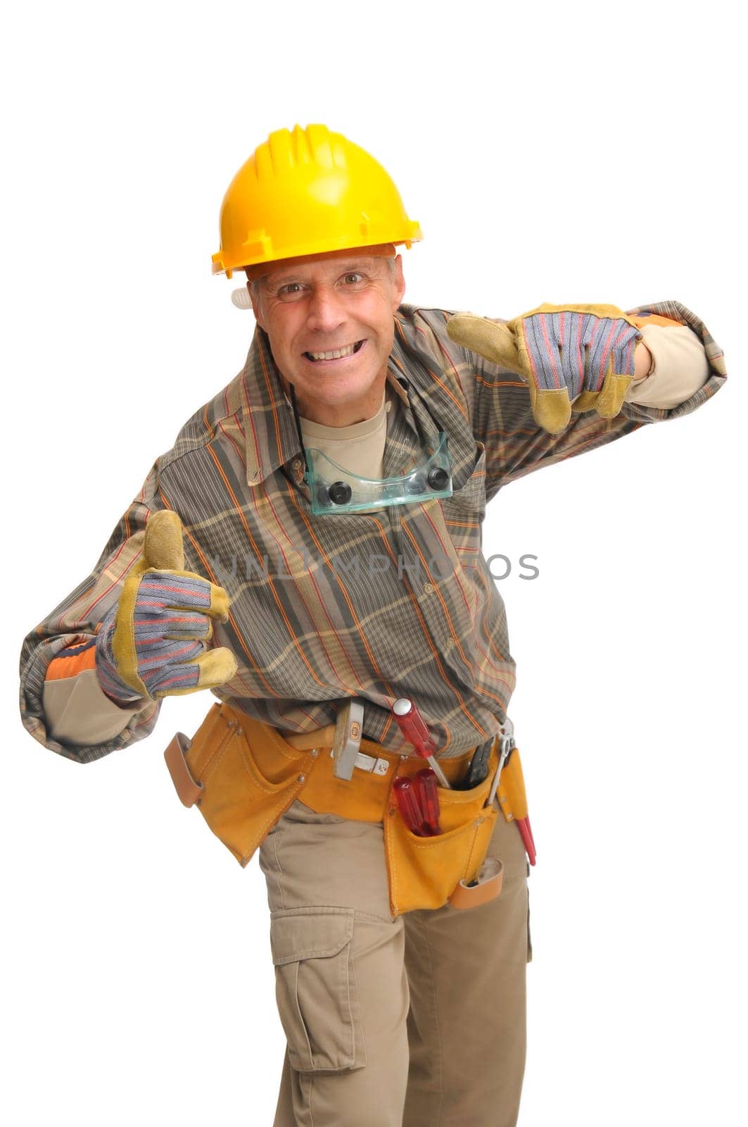 Worker with hat and tools isolated in white