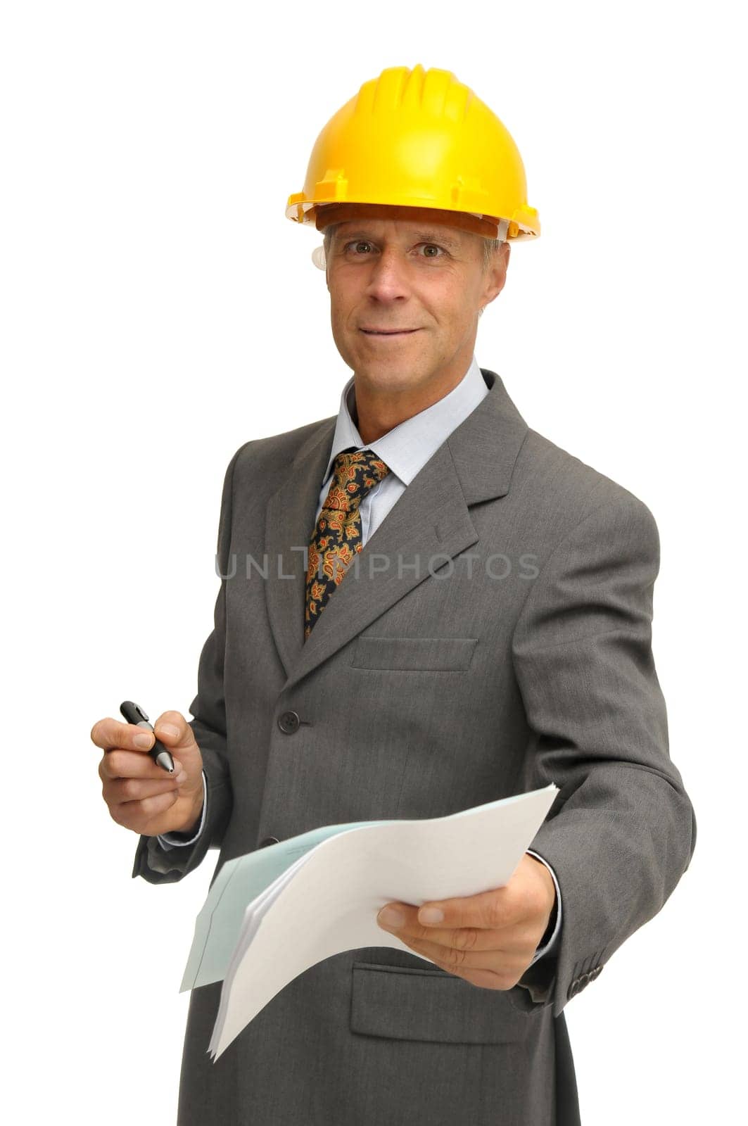 Mature engineer isolated in white