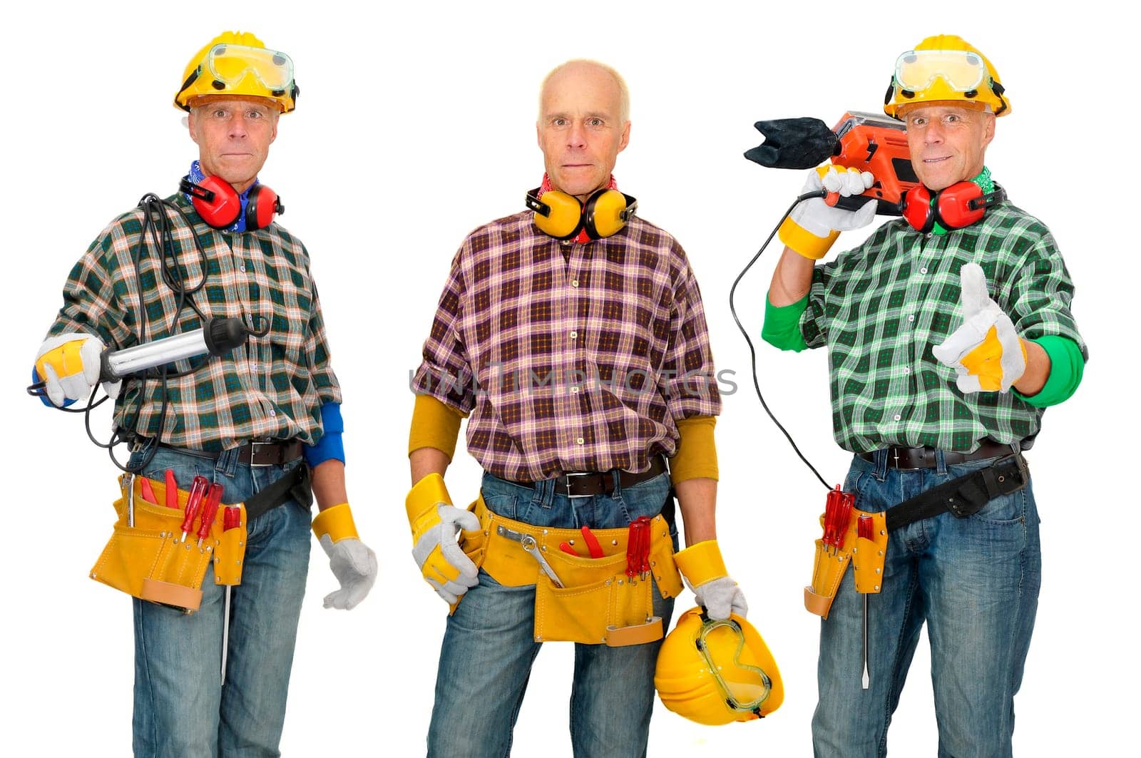 Mature construction worker in several positions isolated in white