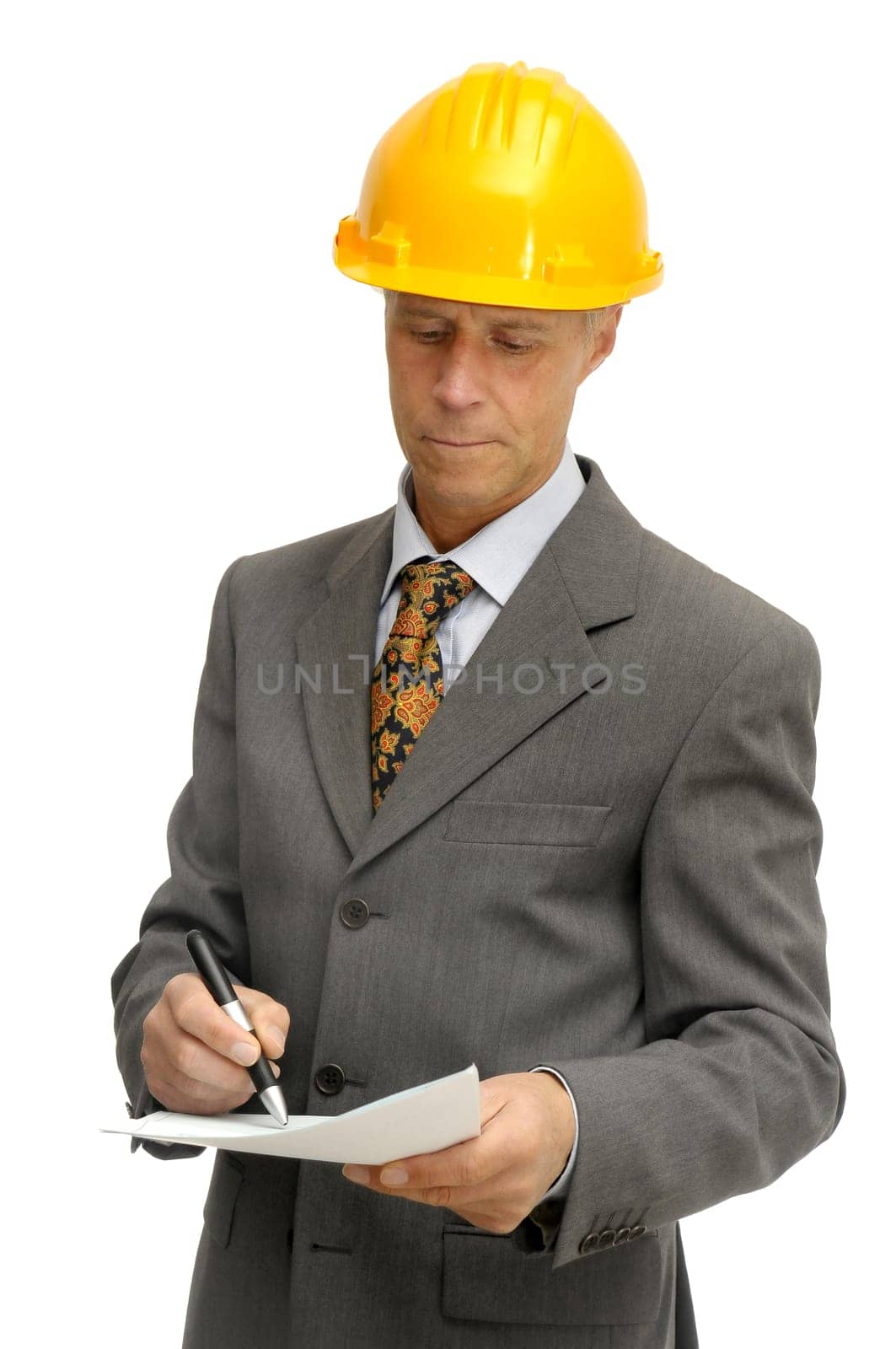 Mature engineer isolated in white
