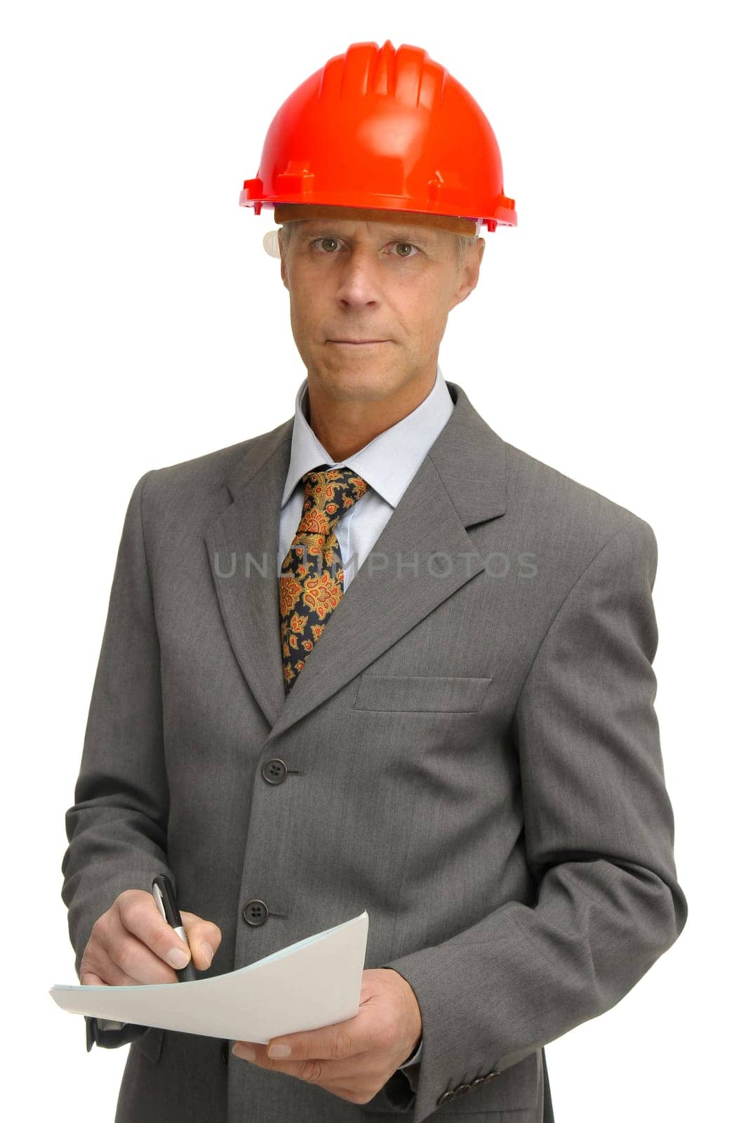 Mature engineer isolated in white
