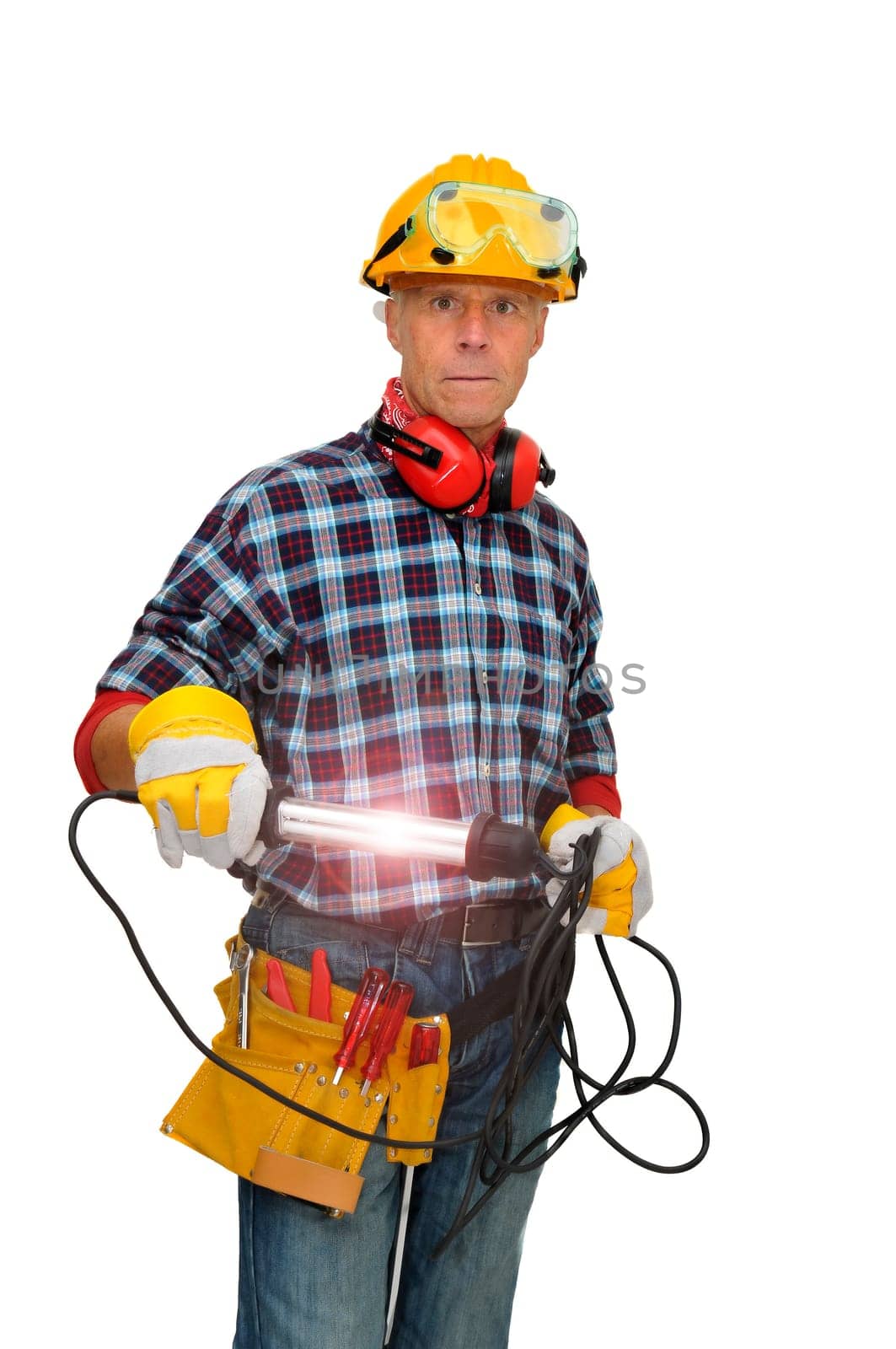 Mature construction worker isolated in white